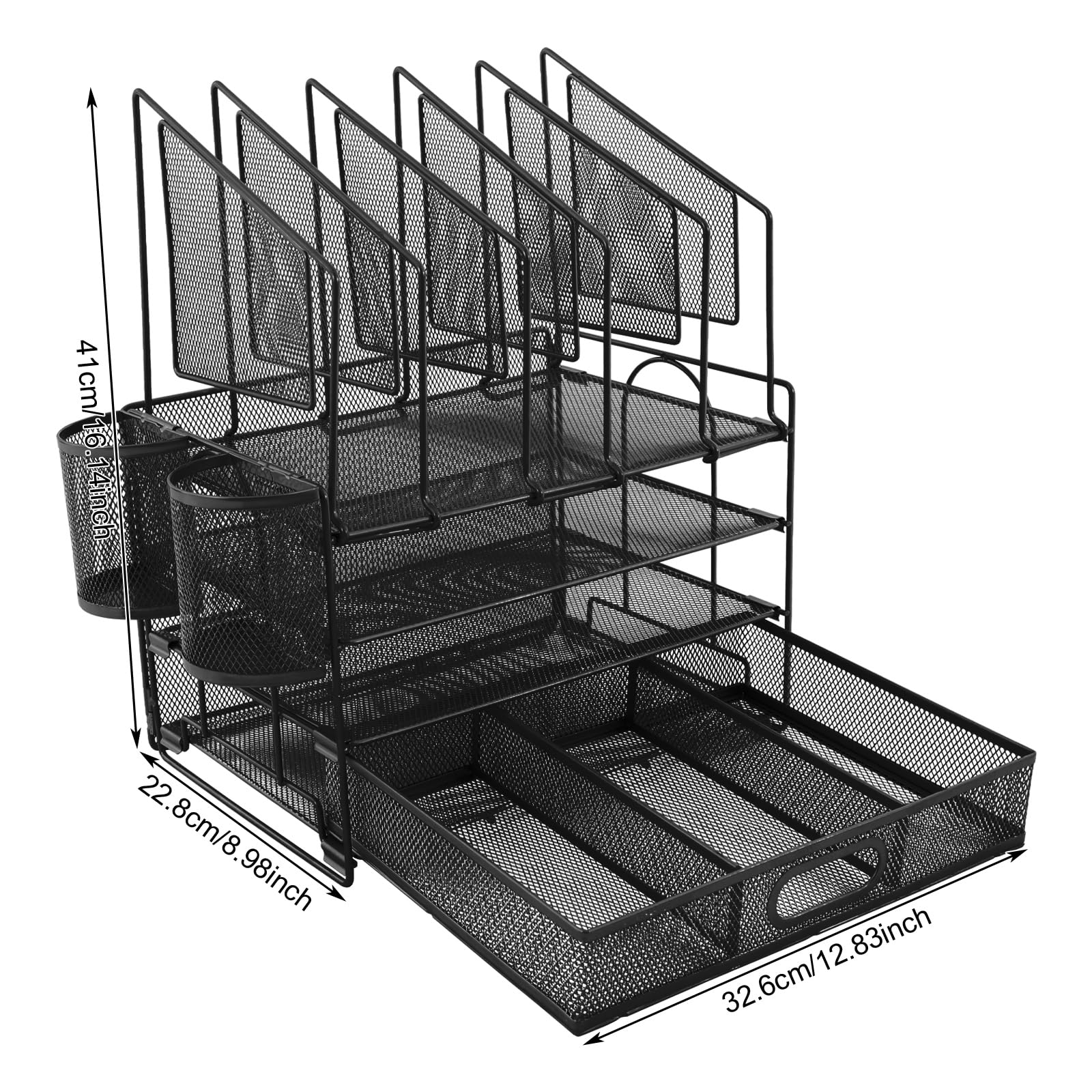 Organizer da scrivania con cassetti, in metallo, con 2 portapenne, in rete rimovibile, con 5 scomparti verticali, per scuola, casa, ufficio, ufficio, 32,6 x 22,8 x 41 cm (nero)