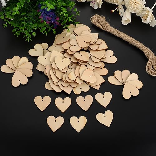 Miniatura 6 de Outus 100 corazones de madera en blanco para manualidades, corazones de madera sin terminar de 1.57 pulgadas con agujeros con cuerda de cáñamo de