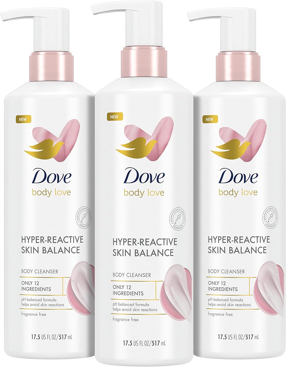 Dove Body Love Limpiador corporal Piel propensa a reacciones 3 unidades Equilibrio de piel hiperreactiva para gel de baño ultrasensible sin fragancia con solo 12 ingredientes 17.5 oz