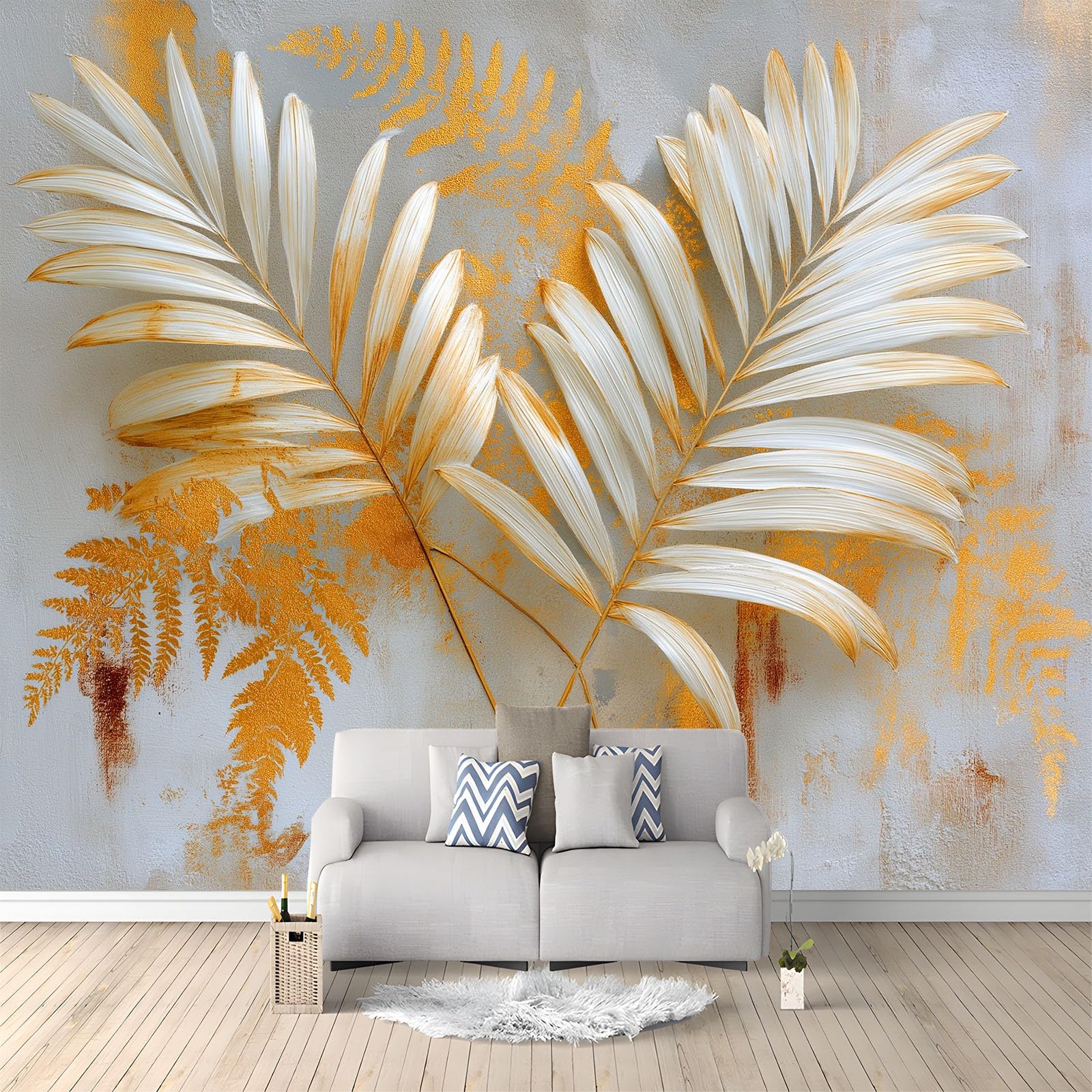 Panoramiczna minimalistyczna tapeta z liści palmowych gałęzie botaniczny szary grafitowy 350 x 256 cm - nowoczesny gobelin ścienny z włókniny do salonu, sypialni lub pokoju dziecięcego