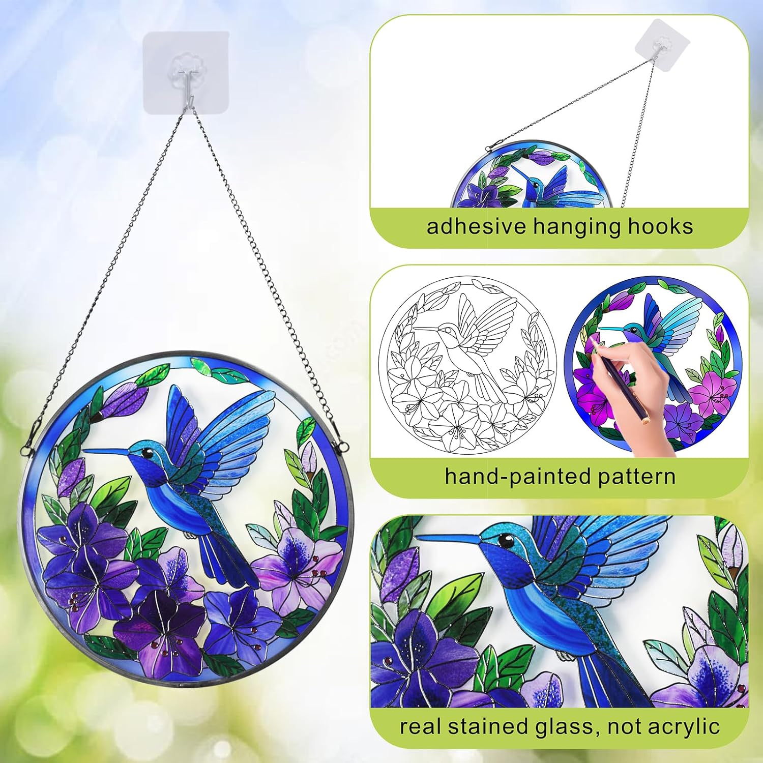Stained Glass Sun Cather for Window Hanging, Hummingbird Suncatcher with Purple Flowers for Indoor Ornament, Bird Stain Glass Home Decor for Women, Mom, Grandma - Image 4