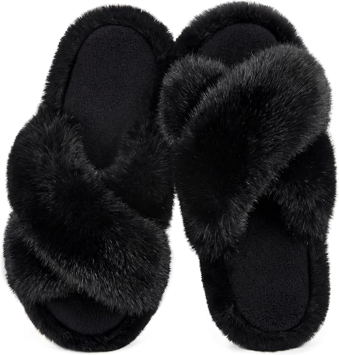 HomeTop Fluffy Slippers for Women Cross Band Soft Plush Indoor House Shoes