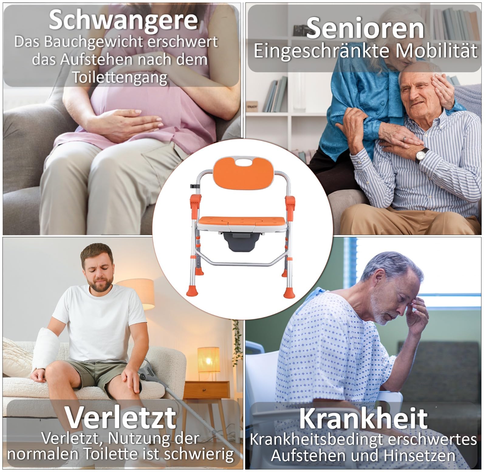 Duschstuhl faltbar, höhenverstellbar, robuster Toilettenstuhl bis 150 kg belastbar, rutschfeste WC Sitzhilfe mit Rückenlehne/Armlehnen - Deutsche Anleitung und QR-Code.
