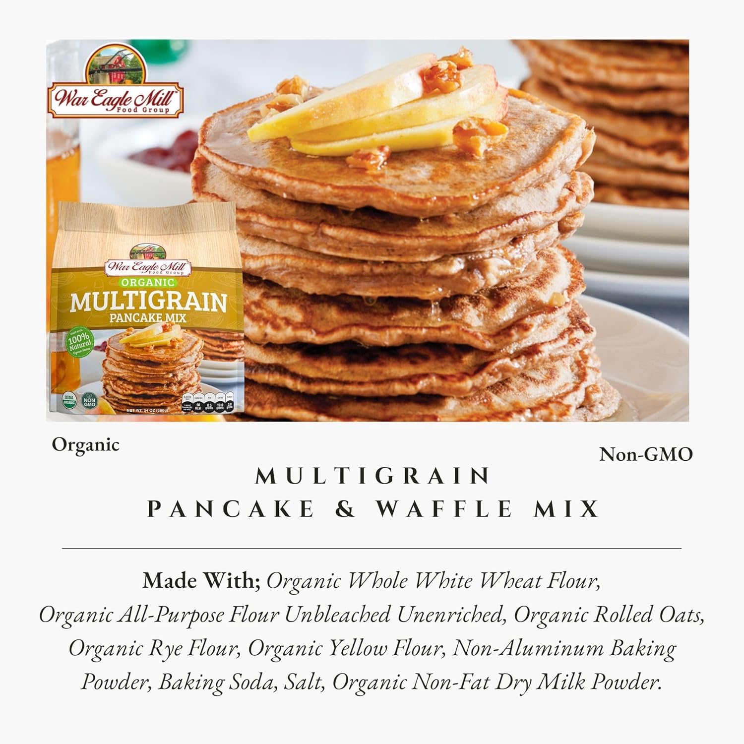 War Eagle Mill Multigrain Pancake Mix, Organic, 24 oz Bag (2 Pack)