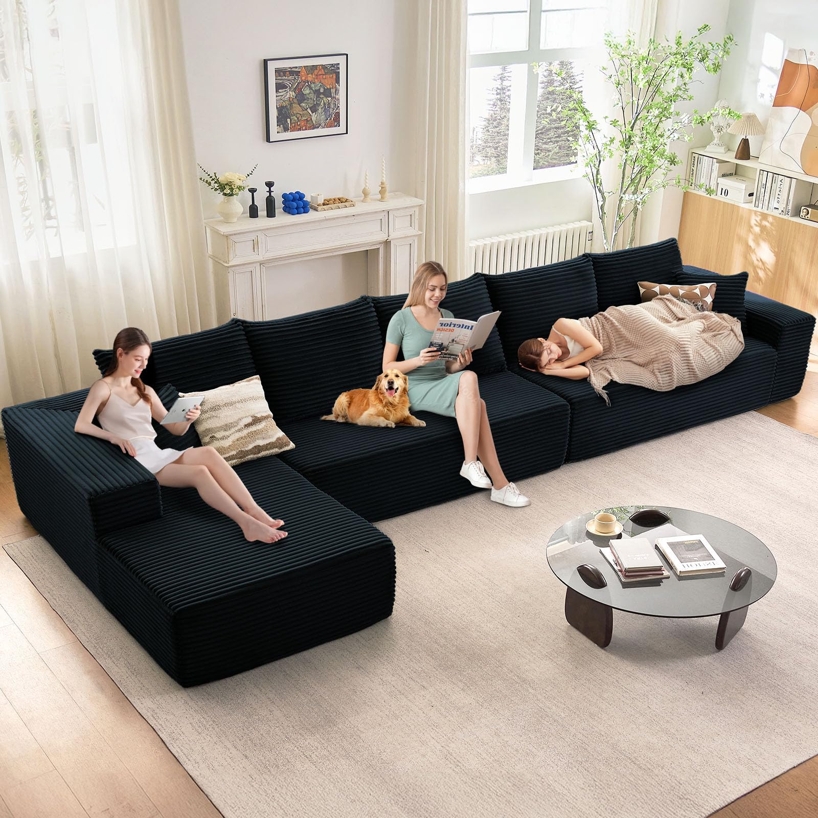 Oversized Modular Sectional Sofa Couch, Large 5 Seater Corner Sofa Modern L Shaped Sectional Couch Cloud Couches for Living Room, Office, Spacious Space, Corduroy, No Assembly Required, Black