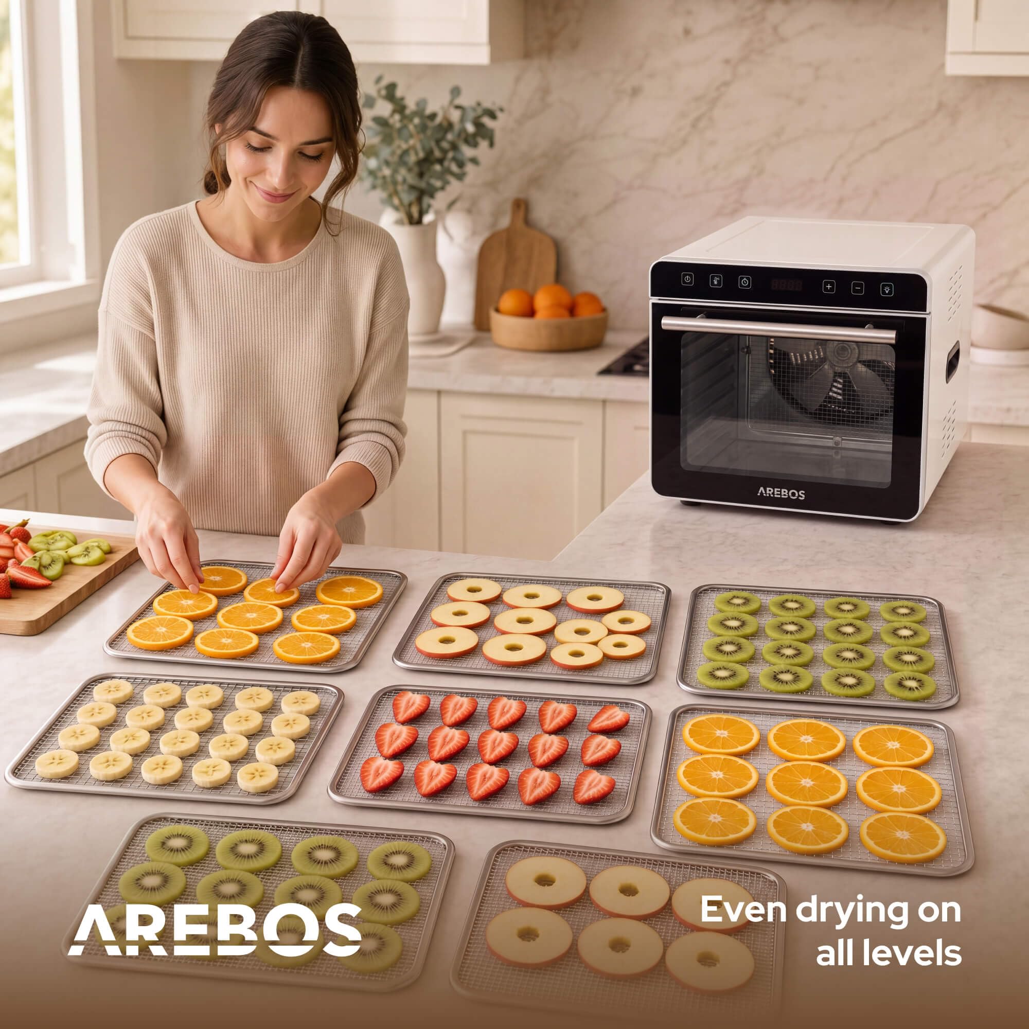 Arebos Deshidratador de Alimentos de Acero Inoxidable 700 W | 8 Bandejas de Acero Inoxidable | Capacidad 19 L | Pantalla Táctil, Luz LED, Temporizador 24 h, 35-85 °C | Fruta, Carne, Hierbas