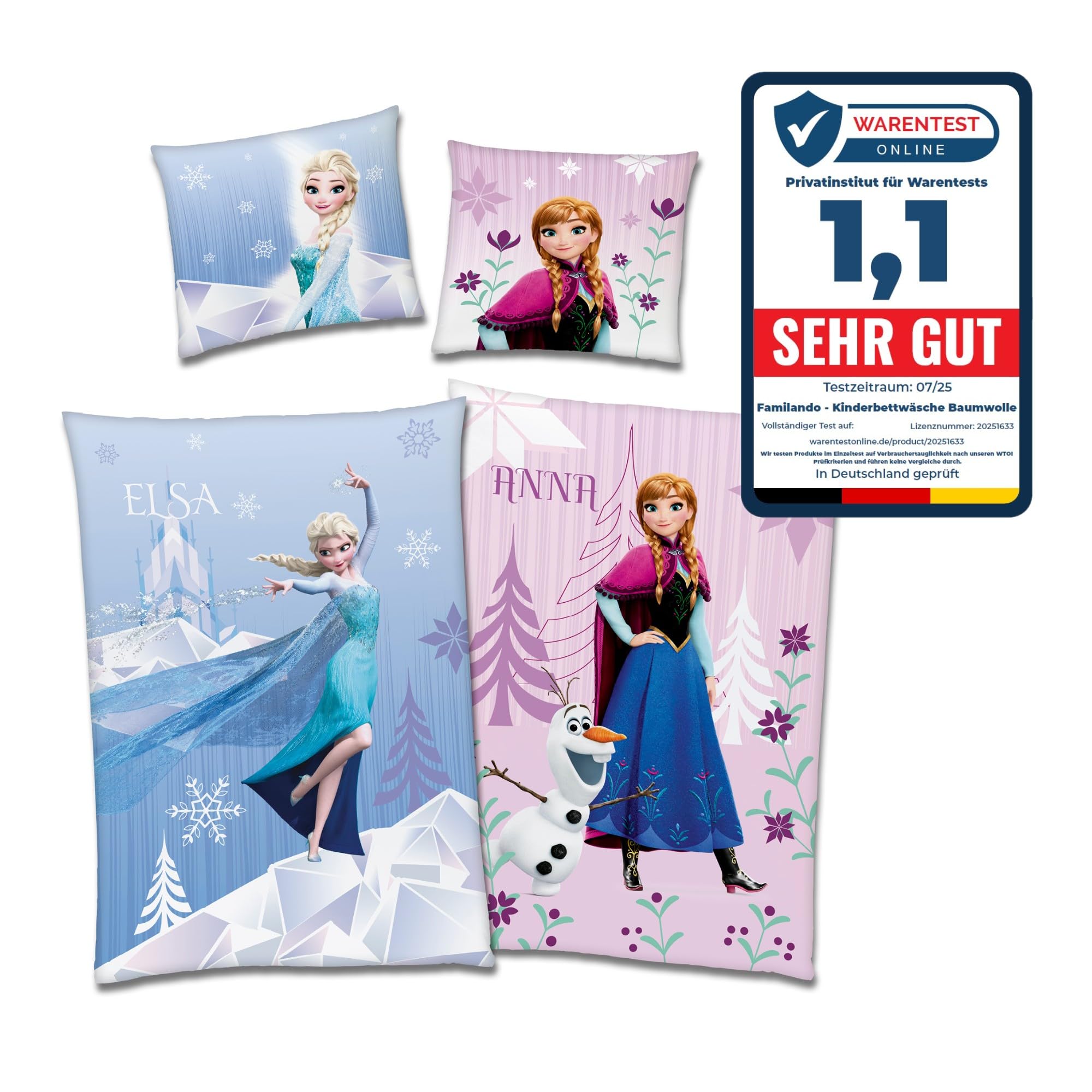 Familando Frozen Bettwäsche-Set (2-teilig) – Decken- & Kissenbezug 135x200 cm & 80x80 cm mit Reißverschluss – Flanell aus 100% Baumwolle – Wendemotiv mit Anna & ELSA – Öko-TEX Zertifiziert – Winter