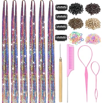Hair Tinsel with Tools, Fairy Hair Tinsel Kit for Girls 1800 Strands Extensions, 48 Inch Heat Resistant Holographic Colored Hair Glitter Christmas Sparkle Party Halloween Festival 7 corols
