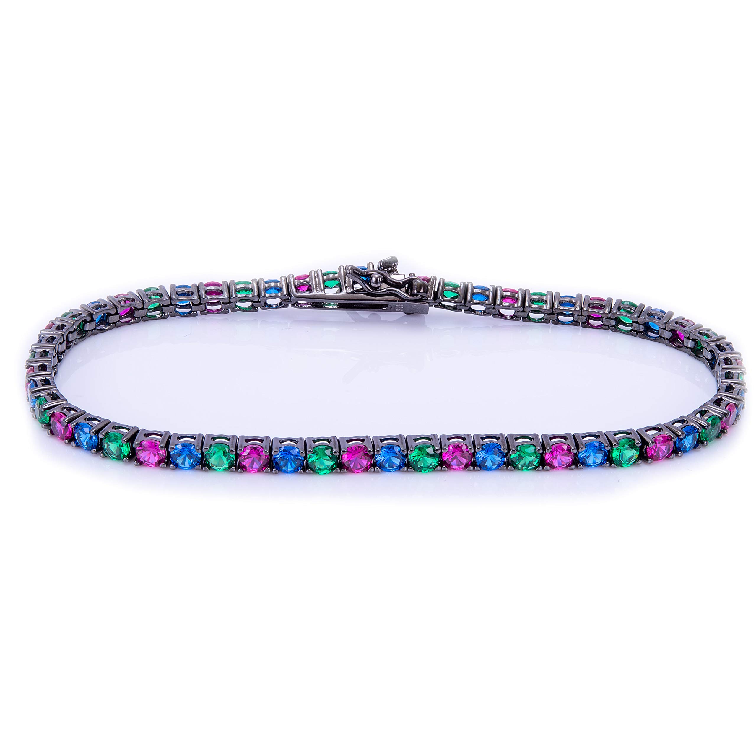 BRACCIALE TENNIS UOMO DONNA ARGENTO 925% CON ZIRCONI MULTICOLOR RAINBOW TENNIS CLASSICO, TENNIS CIPOLLINA TENNIS CARRè 19.5 CM, TENNIS MONTATURE RUTENIO, ORO E ORO ROSA