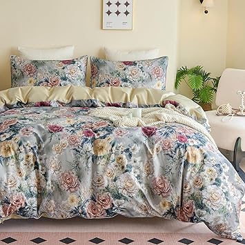 Blue Floral Duvet Cover Set 100% Percale Cotton Queen Size Shabby Vintage Chic Penoy Patterned Comforter Covers with Zipper Soft & Breathable French Country Bedding 3Pcs-Not Comforter