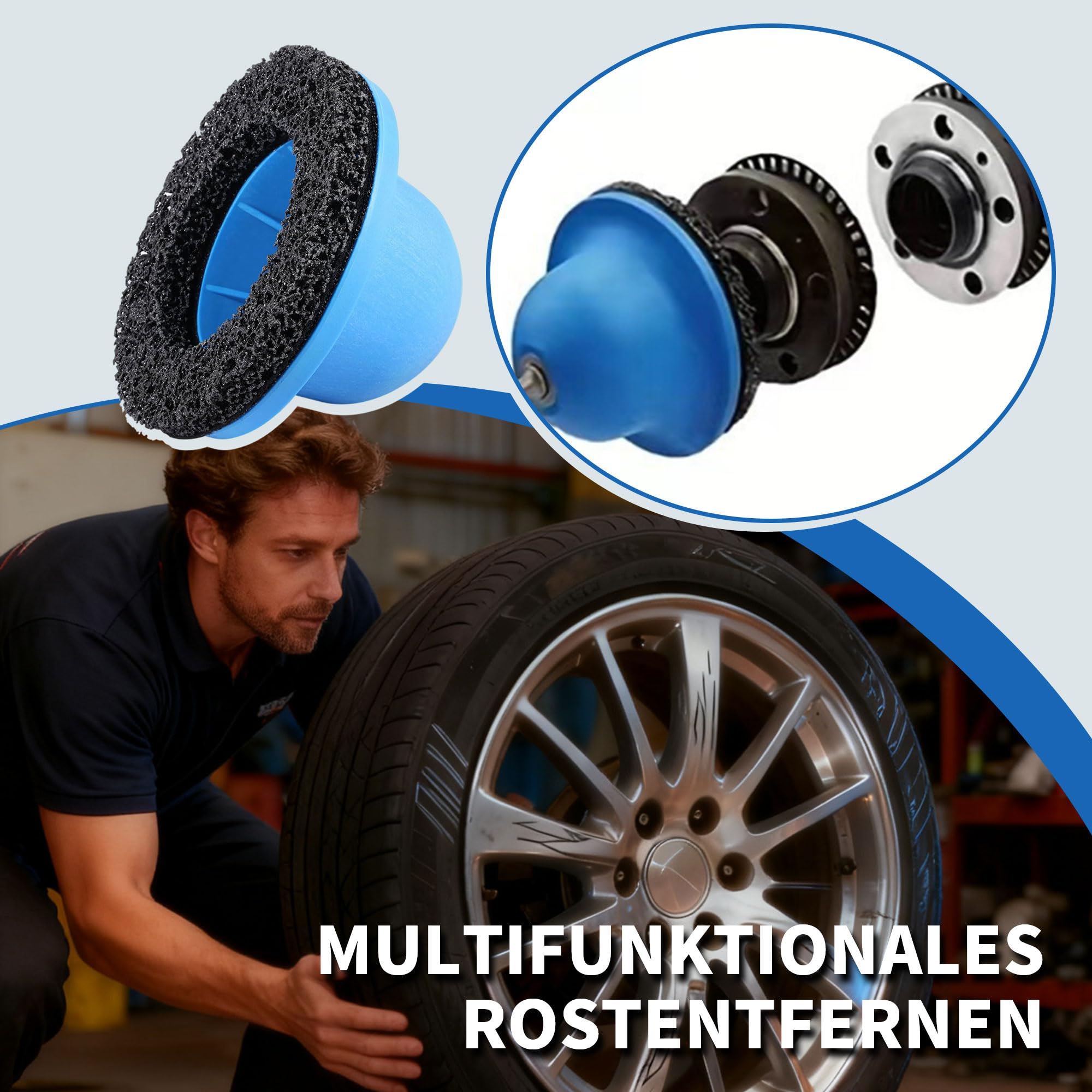 Radnabenschleifer Ø 90 mm innen, Ø 150 mm außen, Radnabenreiniger mit 1/2"-Vierkantantrieb, inklusive Adapter, Werkzeug für Felgenreinigung, Rostentfernung und Bremssystempflege