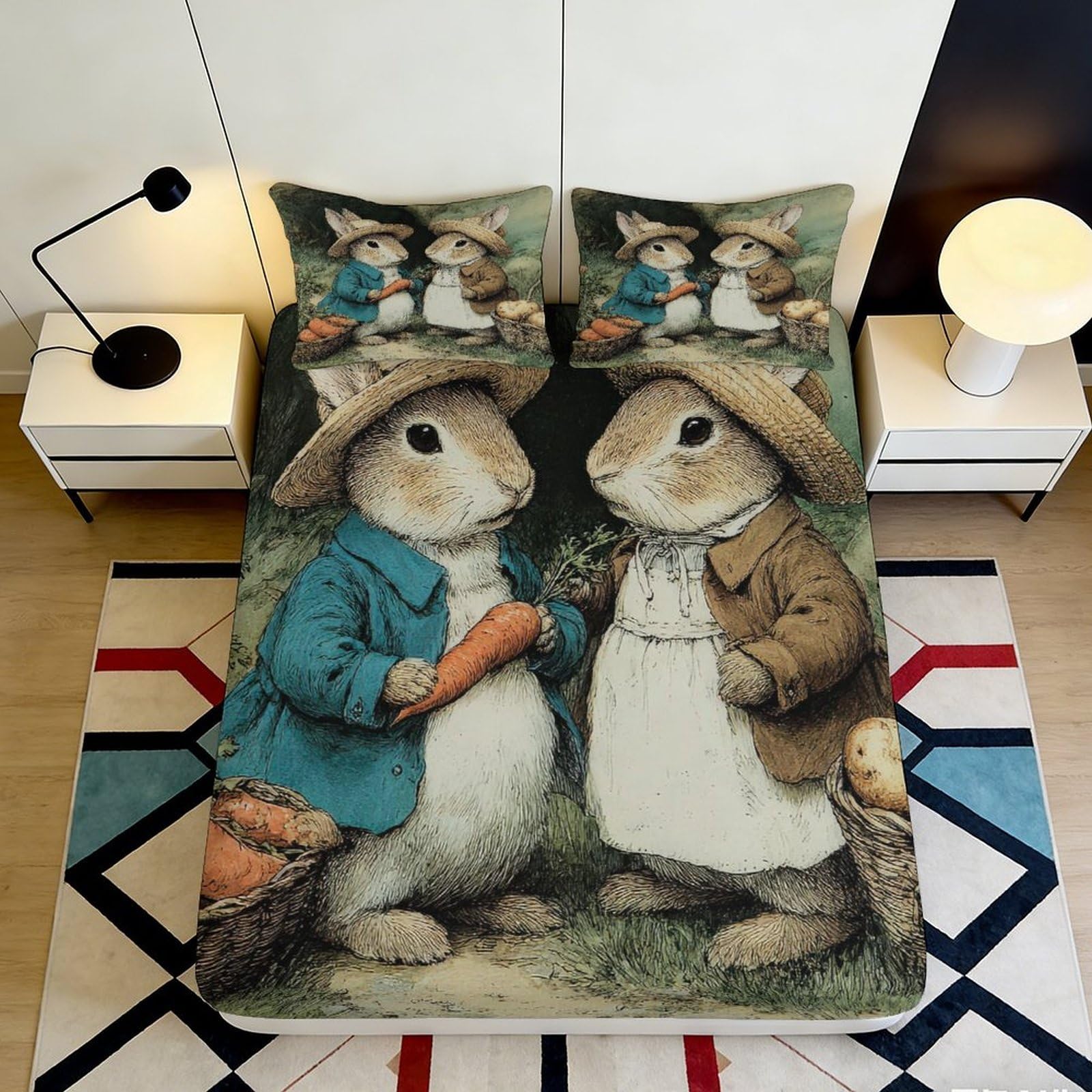 Wtorimpel Style-3 3D Printed Vintage Rabbit Fitted Sheet Microfiber Deep Pocket Non-Slip Bedroom Bedding Rabbit Mattress Fitted Cover Washable 200X200x25cm