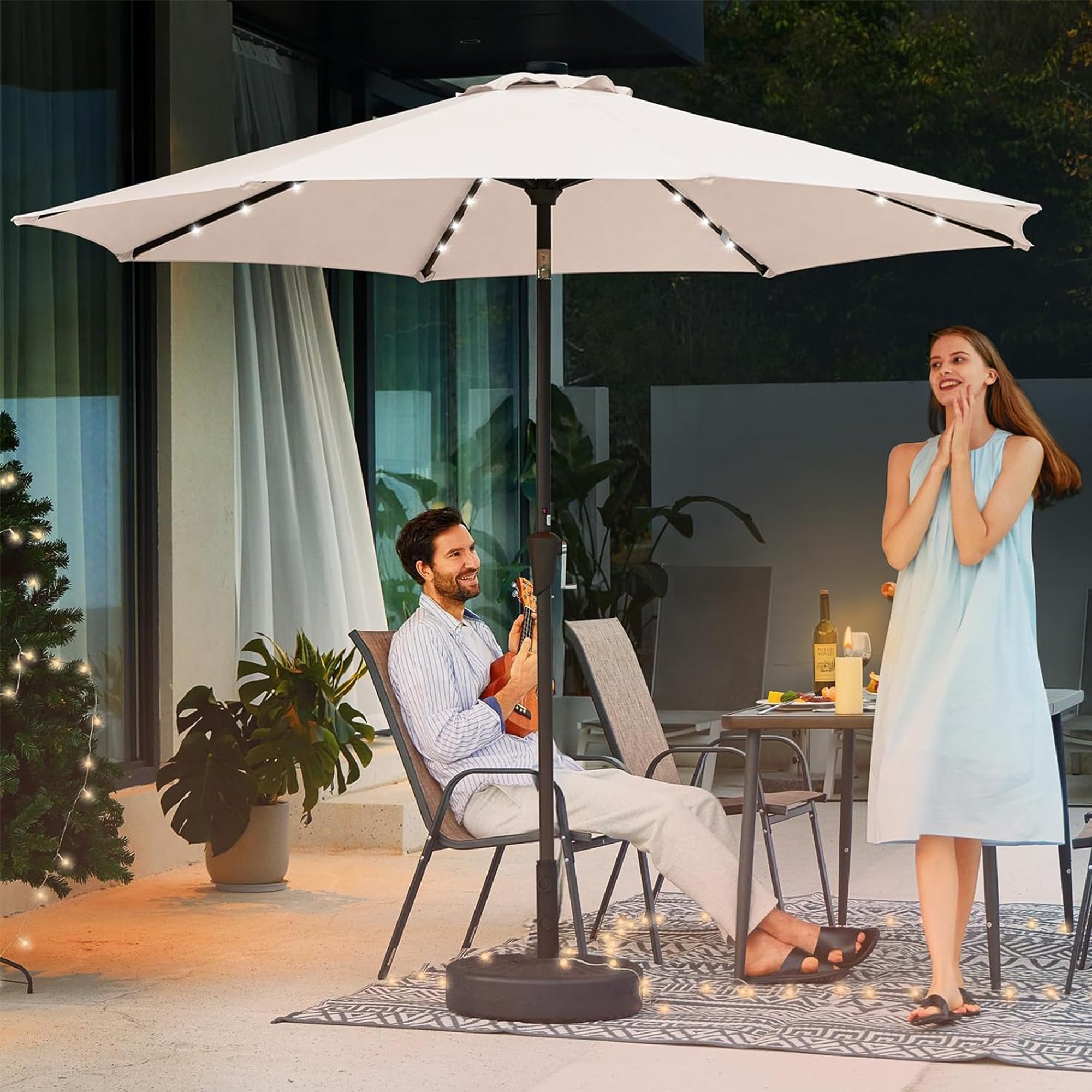 Parasol ogrodowy z oświetleniem LED, 9 m, regulacja nachylenia, system podnoszenia korby, 8 żeber, na taras, basen i balkon
