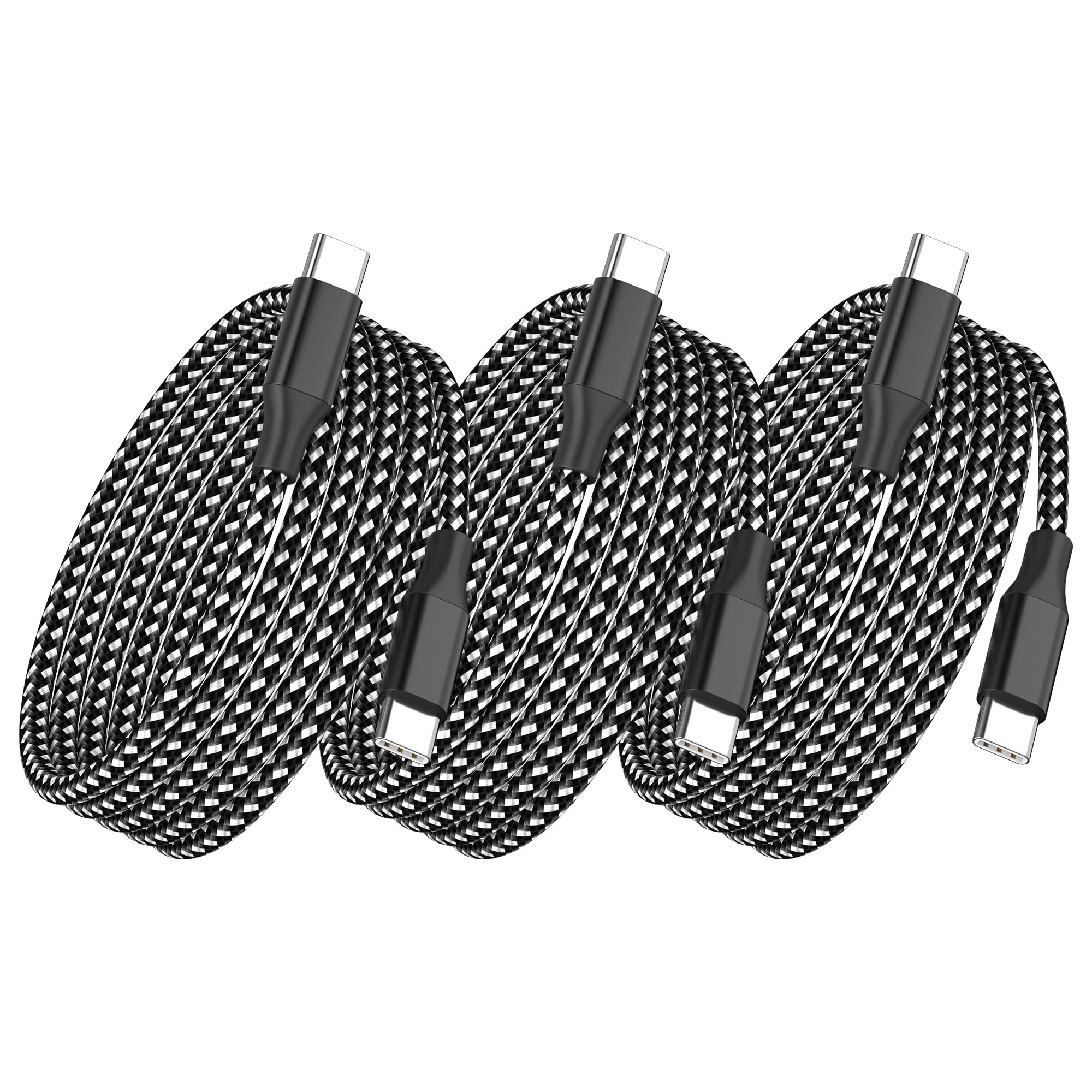 Cable USB C de carga rápida, paquete de 3 cables USB C a USB C de 10 pies, cable de carga trenzado de nailon tipo C de 60 W para iPhone 16/15/iPad, MacBook, CarPlay y más, color negro