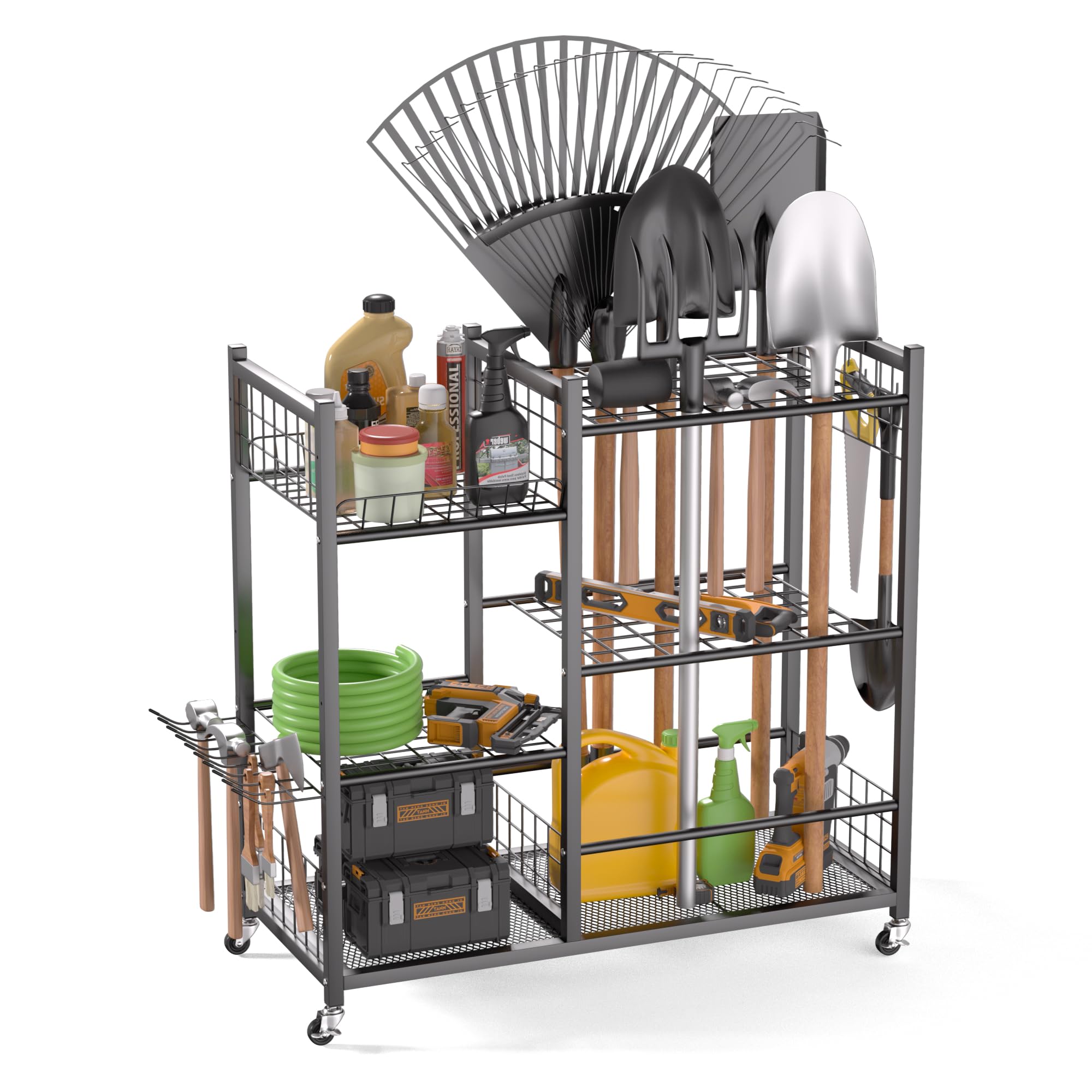 EVERHANGER Organizer per attrezzi da giardino, organizer per attrezzi da garage, con ruote bloccabili, adatto per utensili/rastrelli/scope con manico lungo