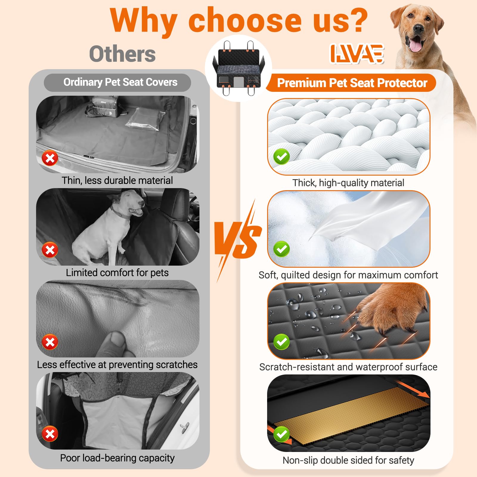 Hard Bottom Car Seat Cover for Dog swith Removable Soft Blankets,Scratch-Proof and Anti-Slip Car Dog Hammock for Large Dogs Brown for Car, SUV - image 3