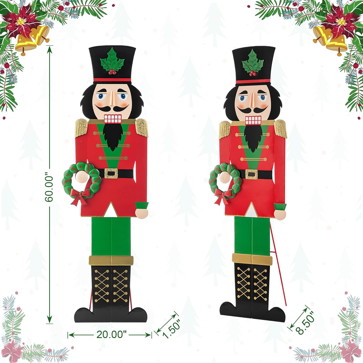 Glitzhome 60”H Metal Christmas Soldier Nutcracker Porch Decor Rustic Nutcracker w/Wreath Standing Porch Sign Merry Christmas Welcome Sign Holiday Party Outdoor Indoor Xmas Decorations