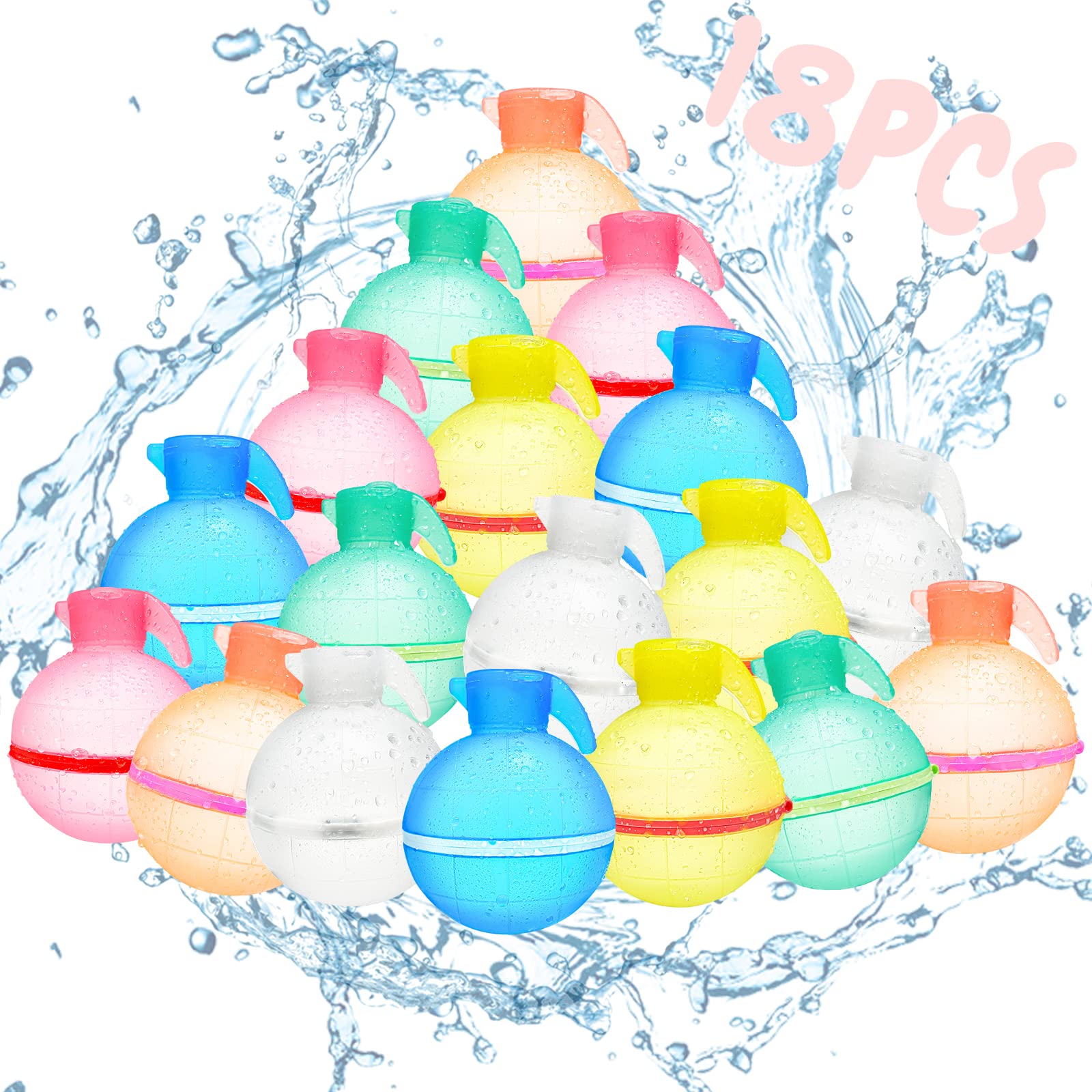 18PCS Reusable Water Balloons, Water Balloons Self Sealing Quick Fill, Silicone Water Balloons Water Balloon Pump, Self Sealing Water Balloons Summer Toys, Water Pool Party Games Fun Toys (Grenade)