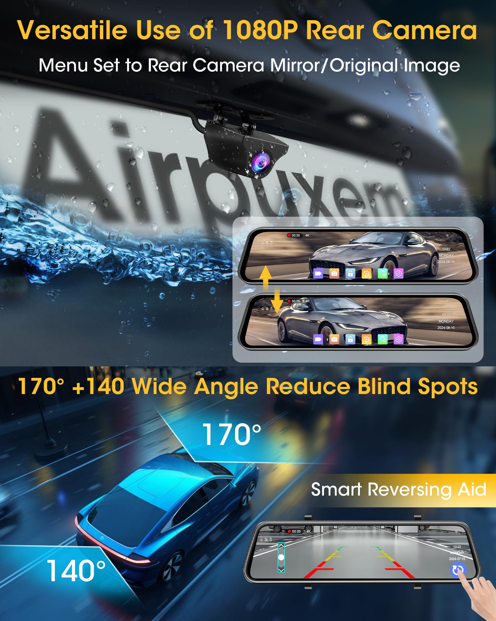 4K Dash Cam Specchietto WiFi 10'' IPS Schermo Tattile Specchietto Retrovisore Auto con Telecamera Scheda Dash Cam Auto Specchietto Assistenza al Parcheggio con WDR Sensore G Registrazione Loop