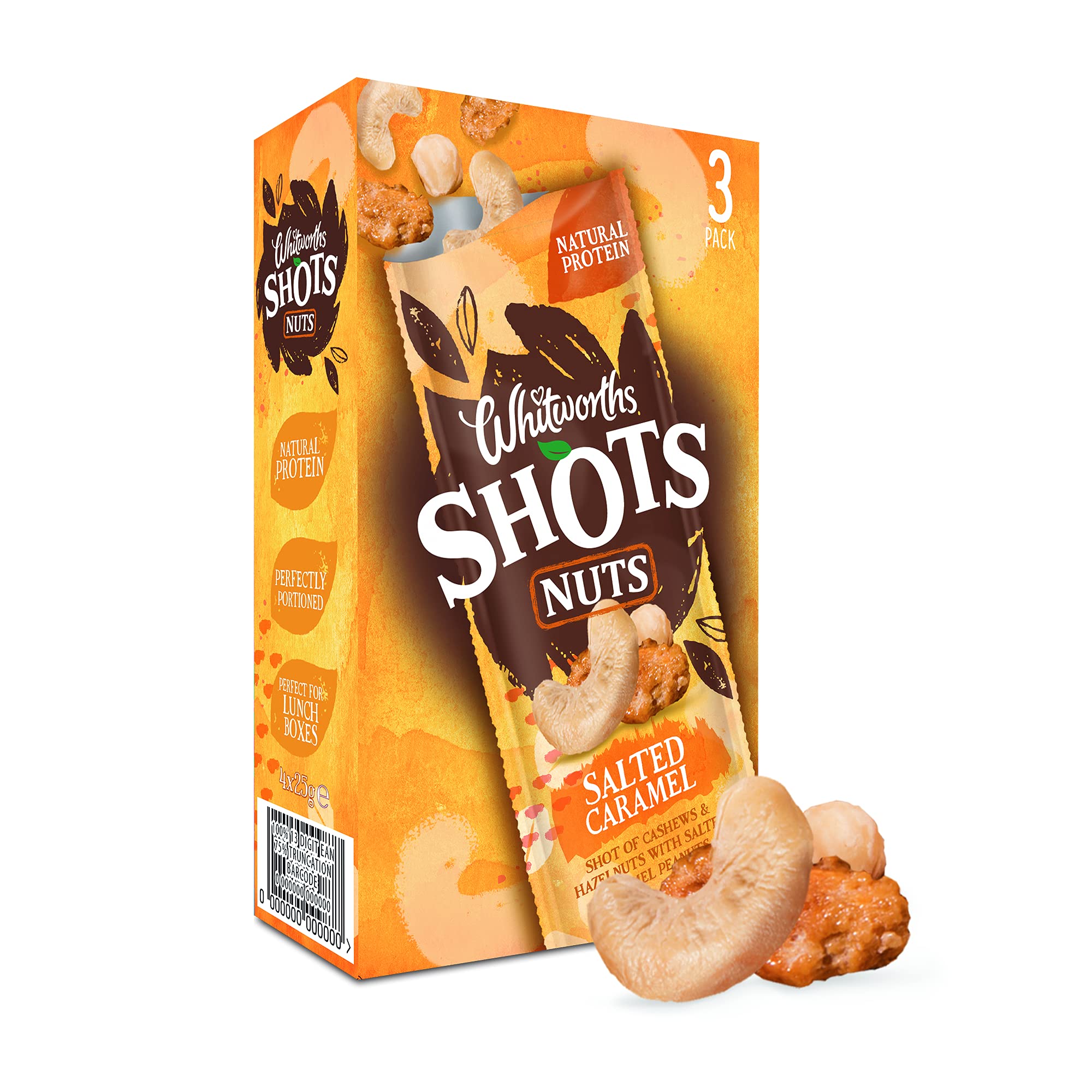 Whitworths Shots Nuts & Caramel | 18 X 25g | Cashew Nuts, Hazelnuts & More | Yummy Protein Snacks, GMO-Free, Low Fat (Just 150 Calories)