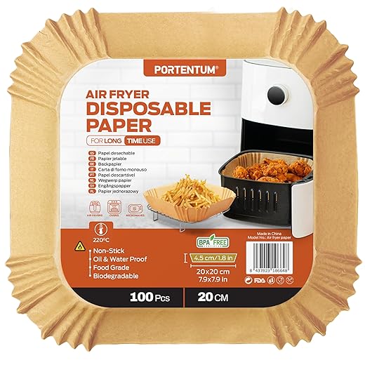 PORTENTUM Backpapier für Heißluftfritteusen, 100 Stück, BPA-frei, 20 × 24 cm, Antihaftbeschichtet, Wasser- und Ölresistent, Einweg-Pergamentpapier, quadratisch, passend für Airfryer 4,7-7,3 L