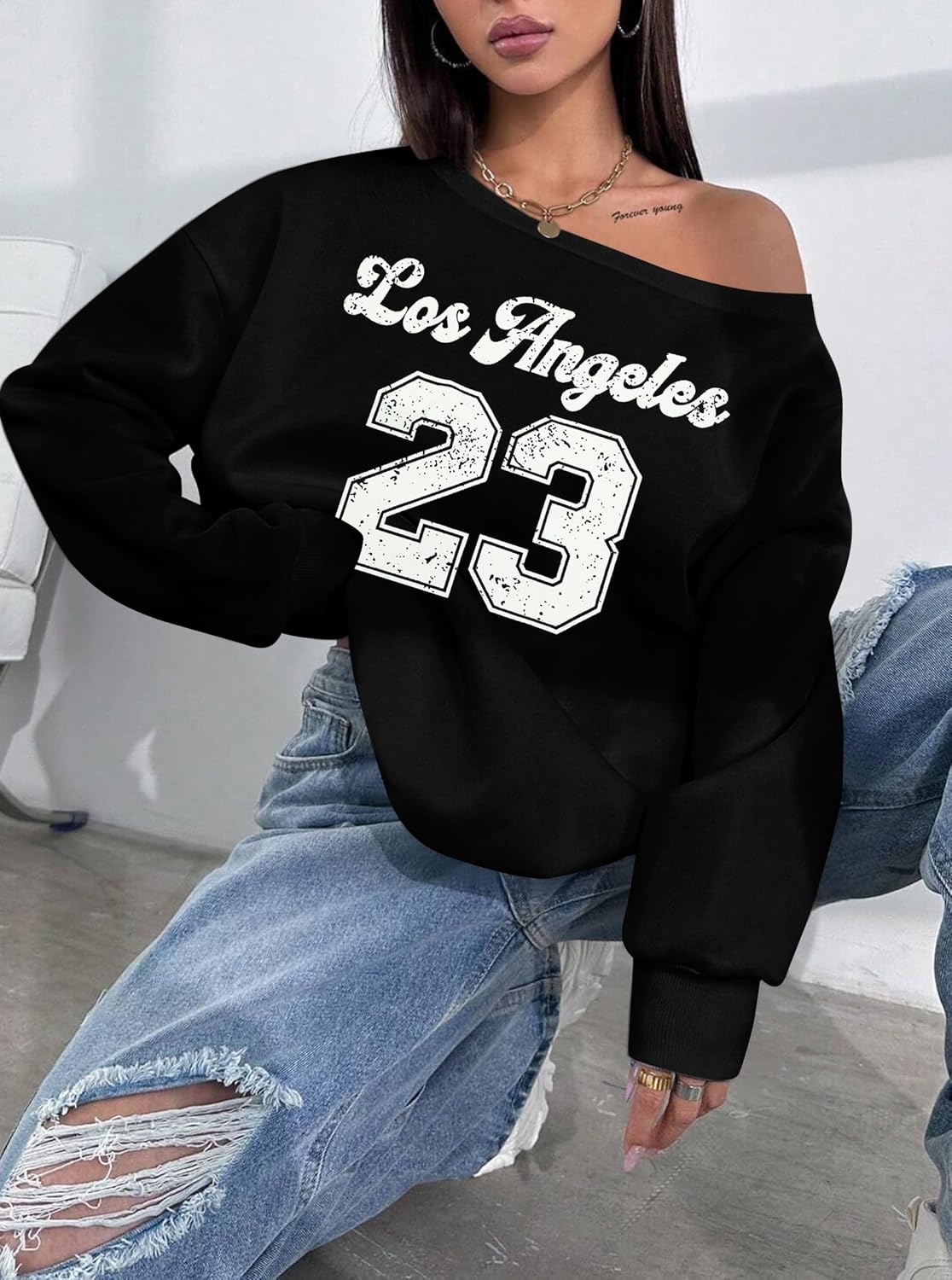 MAXIMGR Womens Off Shoulder Sweatshirt Drop Shoulder Sweater Oversized Streetwear Graphic Long Sleeve Pullover Tops - Image 3