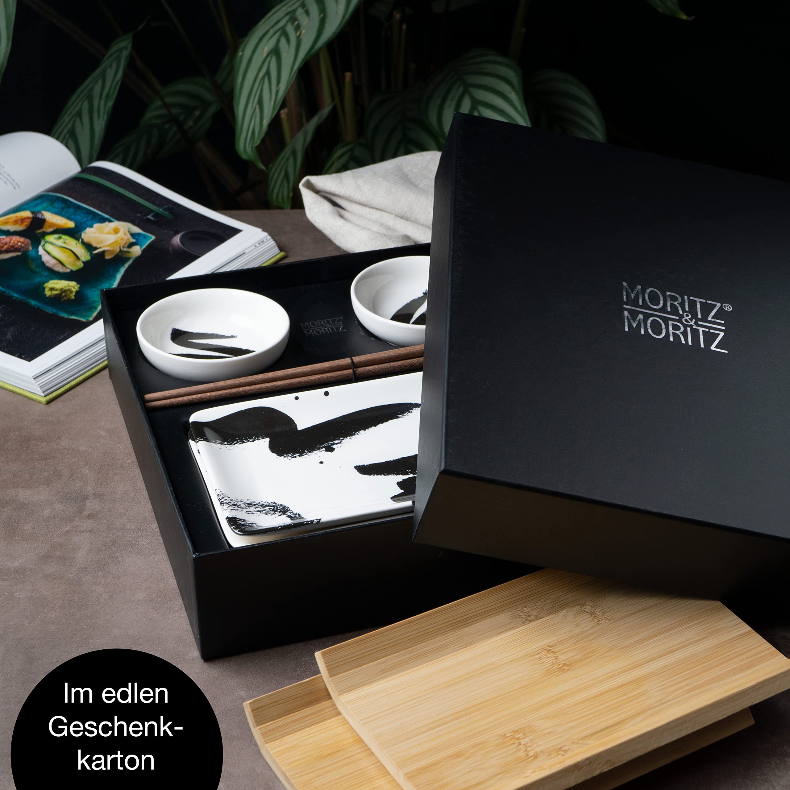 Moritz & Moritz 8-tlg. Sushi Geschirr Set für 2 Personen - Sushi Servierset mit 2x Sushi-Teller, Dip-Schälchen und Stäbchen
