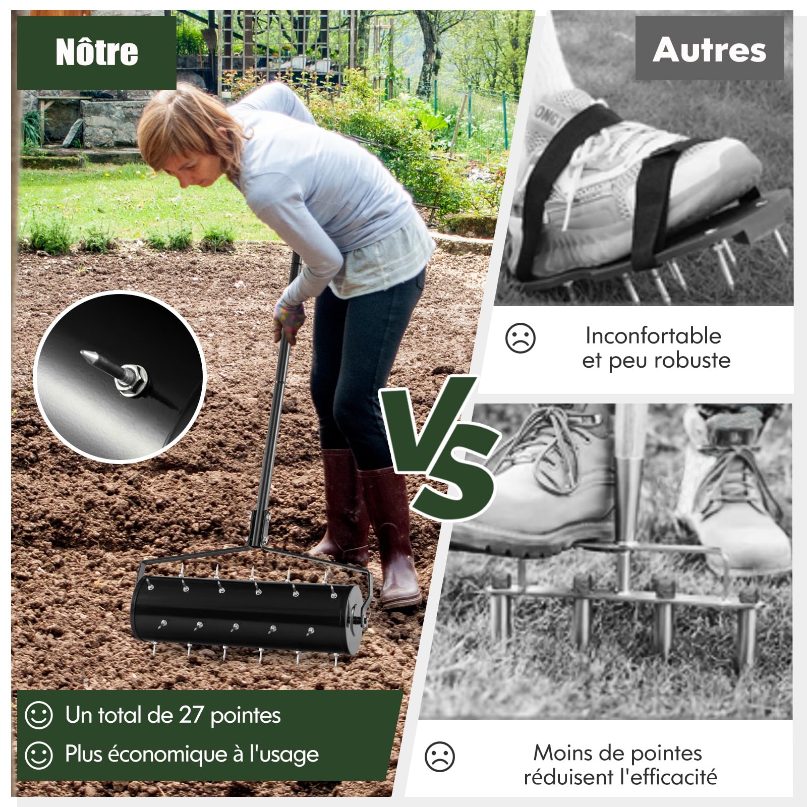 RELAX4LIFE Scarificateur Gazon Manuel 53CM avec Poignée &Rouleau à Pointes Rotatives, Rouleau Aérateur Gazon de Pelouse en Métal pour Jardin Cour Patio (6.8L | 53x130CM, Noir)