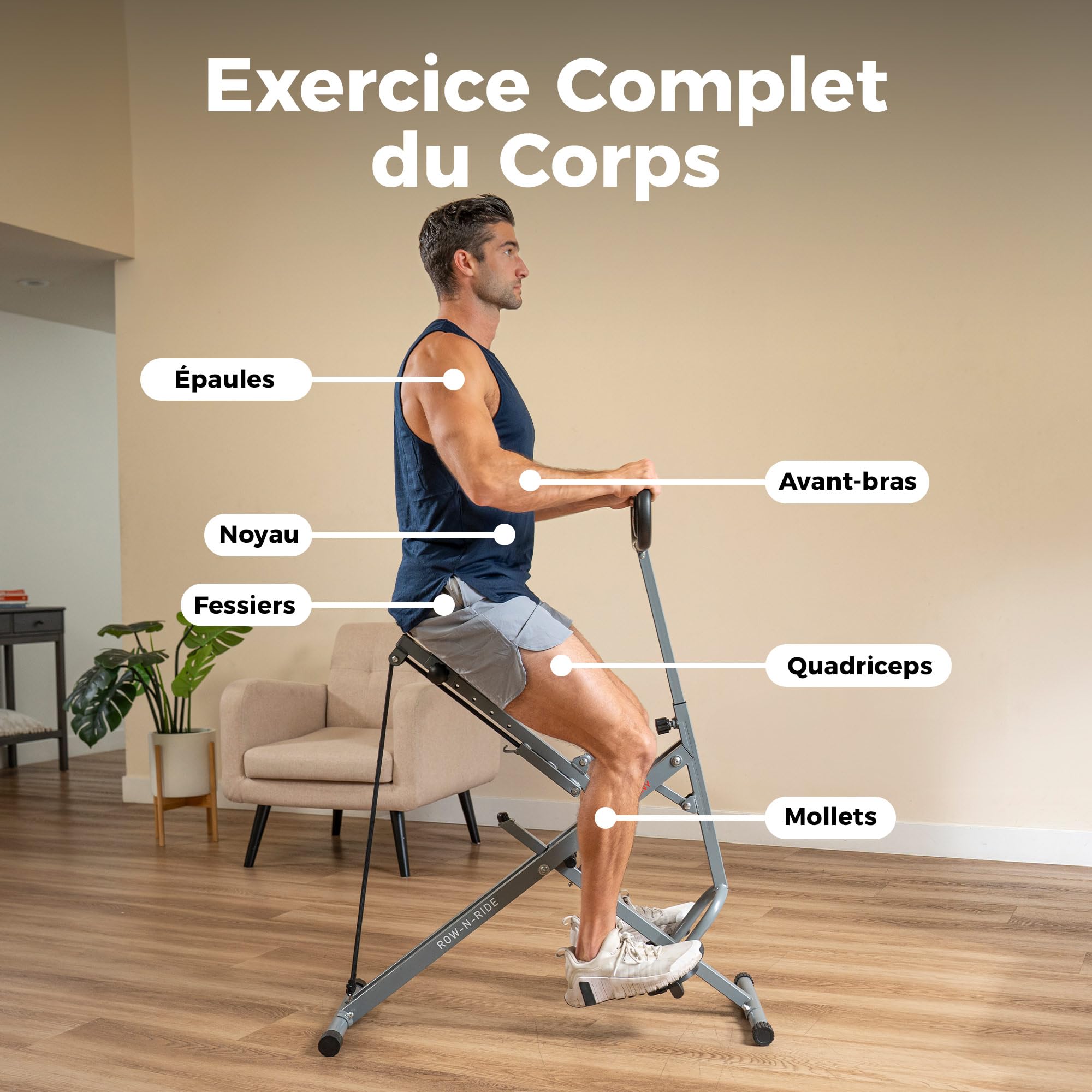 Sunny Health & Fitness Appareil Row-N-Ride Squat Assist, Équipement d’Entraînement Pliable avec Résistance Réglable, Machine de Fitness à Domicile pour Travailler Bras, Fessiers et Jambes, Option Plus