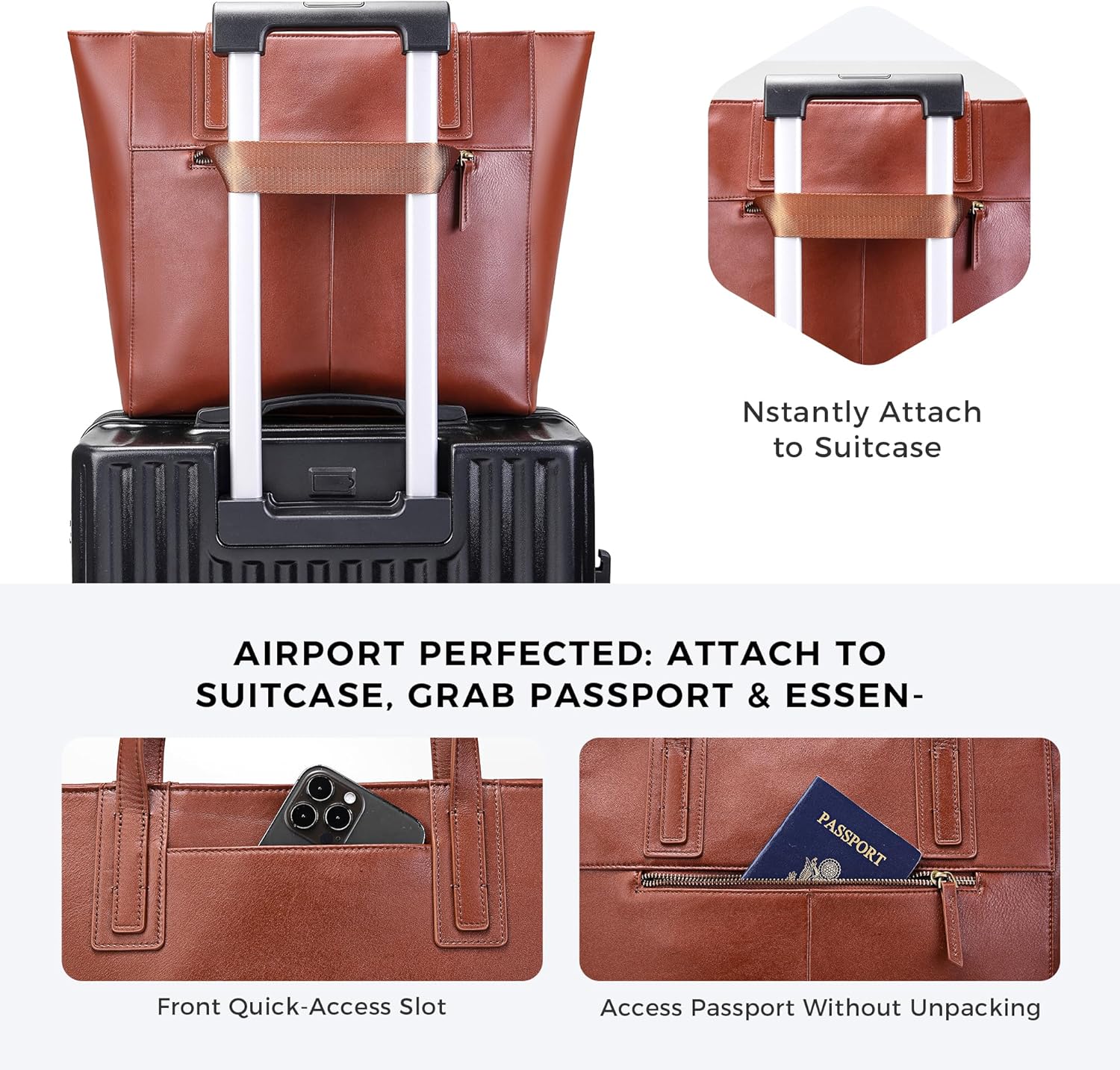 Genuine Leather Work Tote Bag for Women Large Vintage Tote Bag with Zipper Leather Purse and Handbags - Image 4