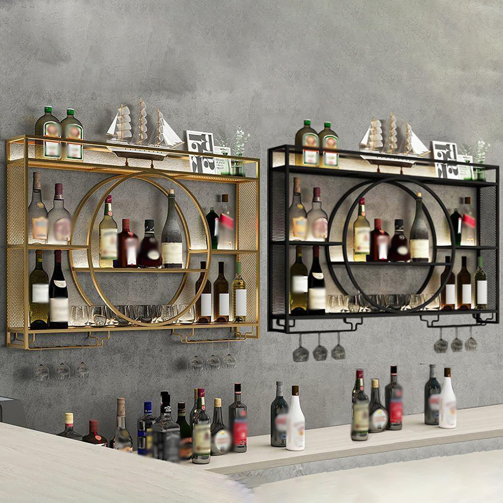Botellero De Pared, Estantes Flotantes Rústicos De Metal para Almacenar Licores, Estante con Luz LED para Exhibir Botellas De Vino, Ideal para Cocinas, Bares Y Comedores(Black,140x80x15cm)