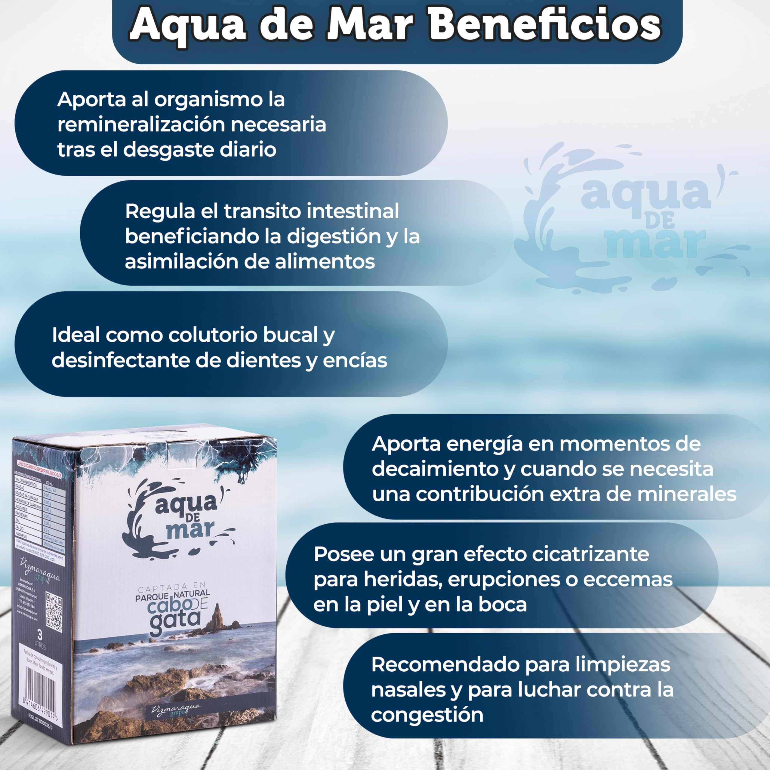 Agua de mar Hipertónica con grifo dispensador - 3L Bag in Box (BiB)-Pack 6 unidades- Para beber-Captada en Parque Natural Cabo de Gata Almeria