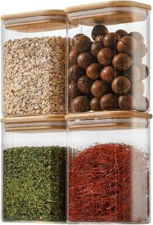 37oz Rectangle Airtight Glass Storage Containers with Bamboo Lids (Set of 4), Square Food Storage Jar, Pantry Organizers for Cereal, Nuts, Snacks and Coffee beans (with Black Lable)