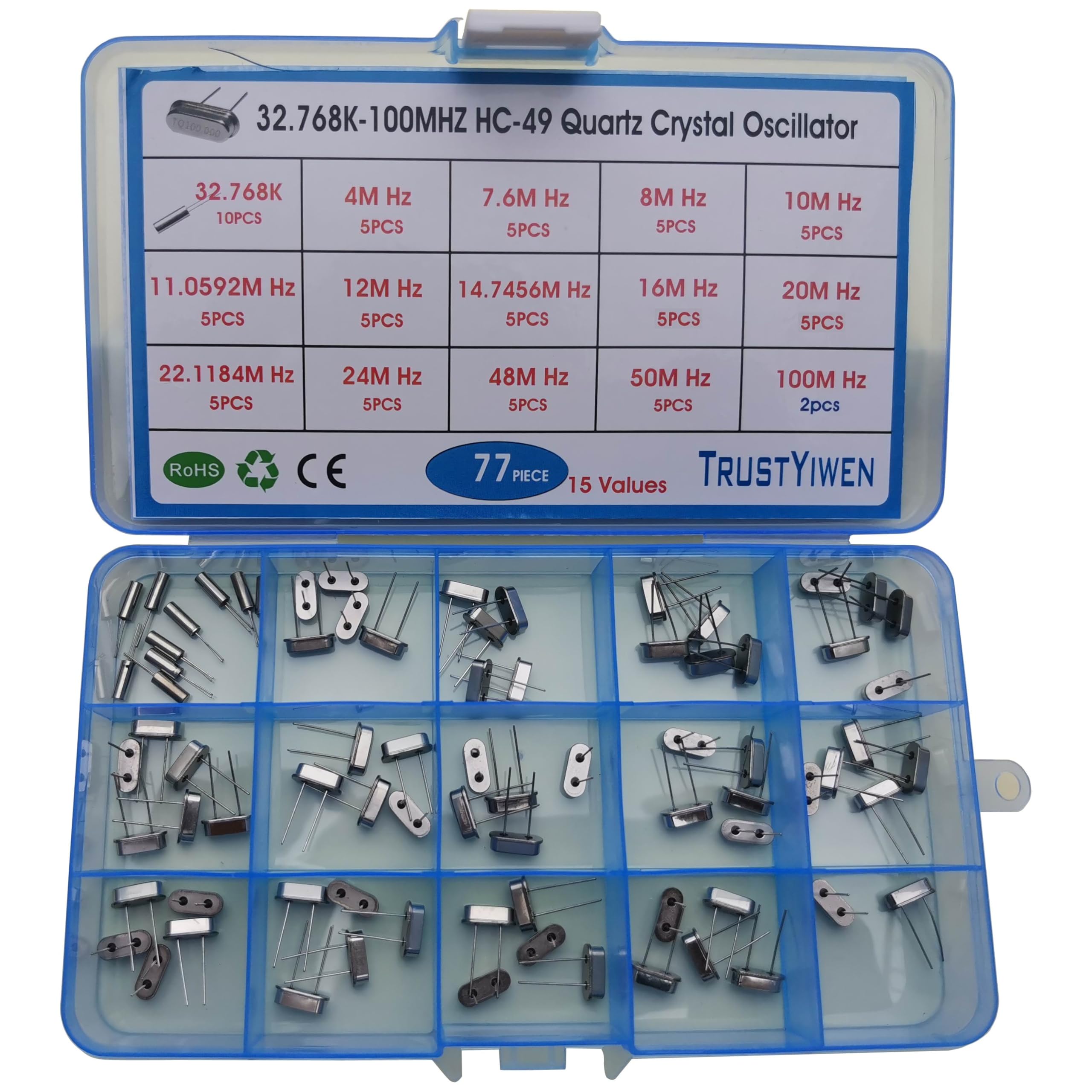 新品未使用 Si+ CRYSTAL ALL IN ONE 15 Values 77 Pcs HC-49 Quartz Crystal Oscillator 32.768K 4 MHz