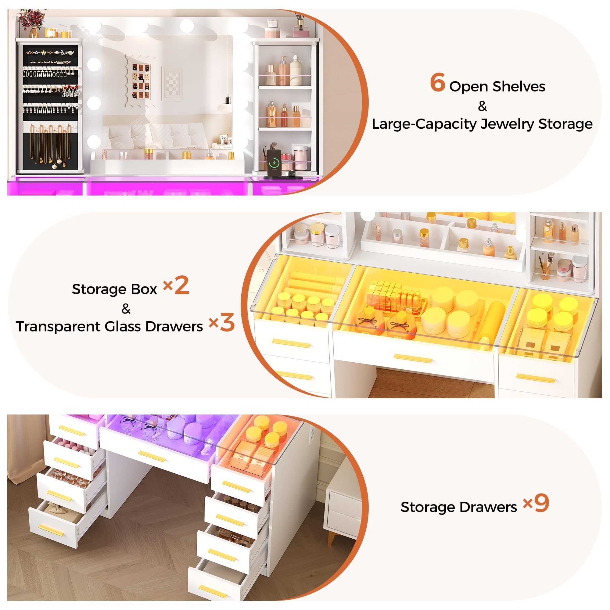 Tocador de Maquillaje con Organizador de Joyas Giratorio de 360° | Luces LED, Mesa de Maquillaje con Tablero de Vidrio,9 Cajones RGB,8 Estantes, Tocador con Enchufes Moderno Blanco EXFST005W