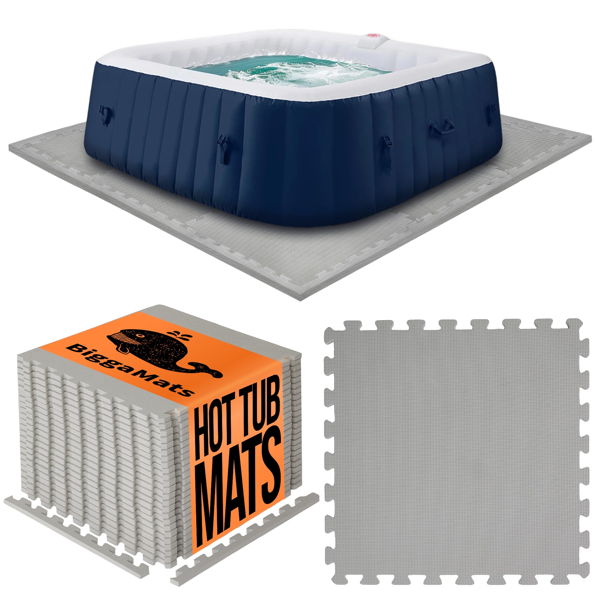 BIGGAMATS EVA Foam Hot Tub Mat | Light Grey Non-Slip Interlocking Pool Mats | 50 x 1.4 cm Waterproof Outdoor Mats for Hot Tub, Spa & Paddling Pool | Pack of 9