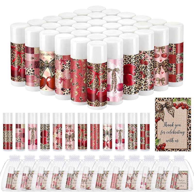Kit com 36 bálsamos labiais Heigble com estampa de cerejas e leopardo, 36 sacos de organza e 36 cartões de agradecimento
