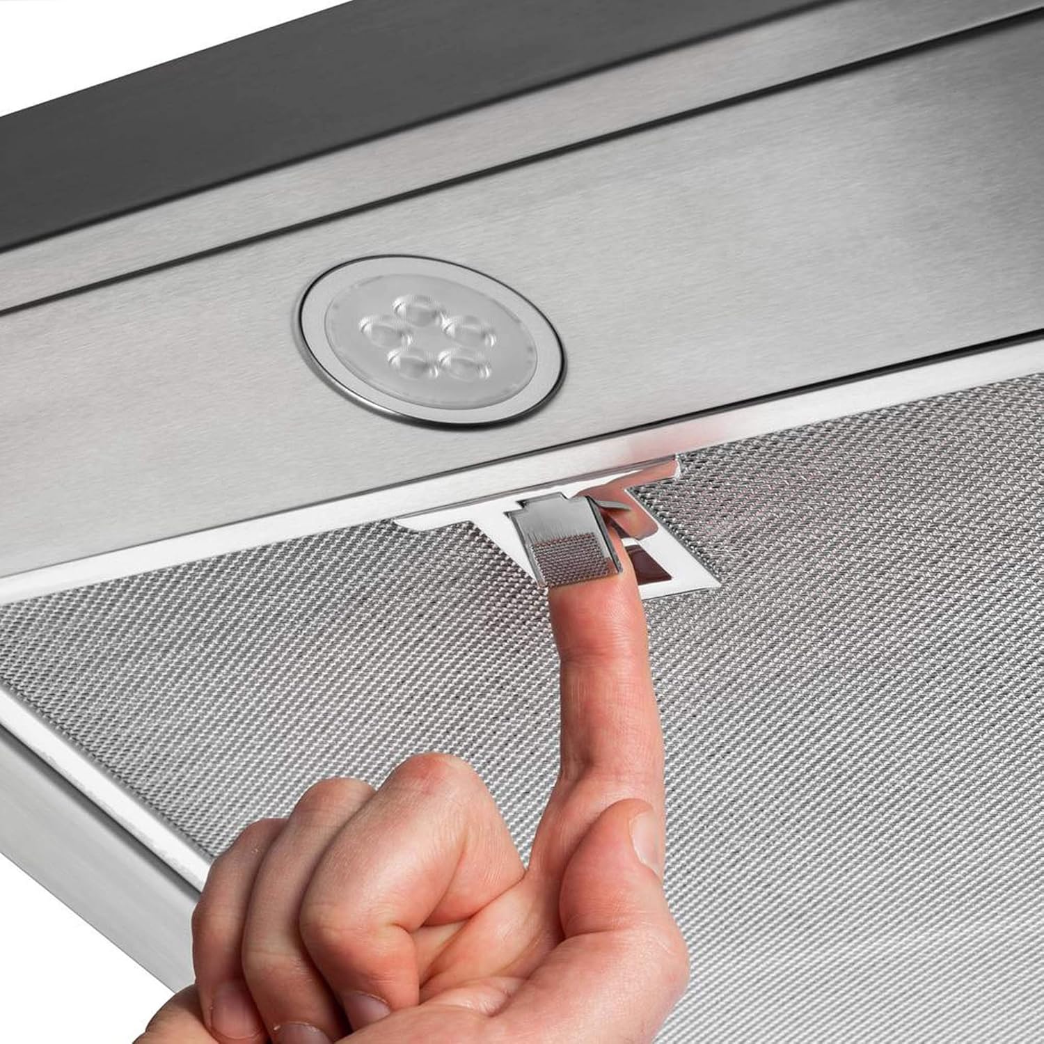 Hand pointing to the light fixture and filter latch.