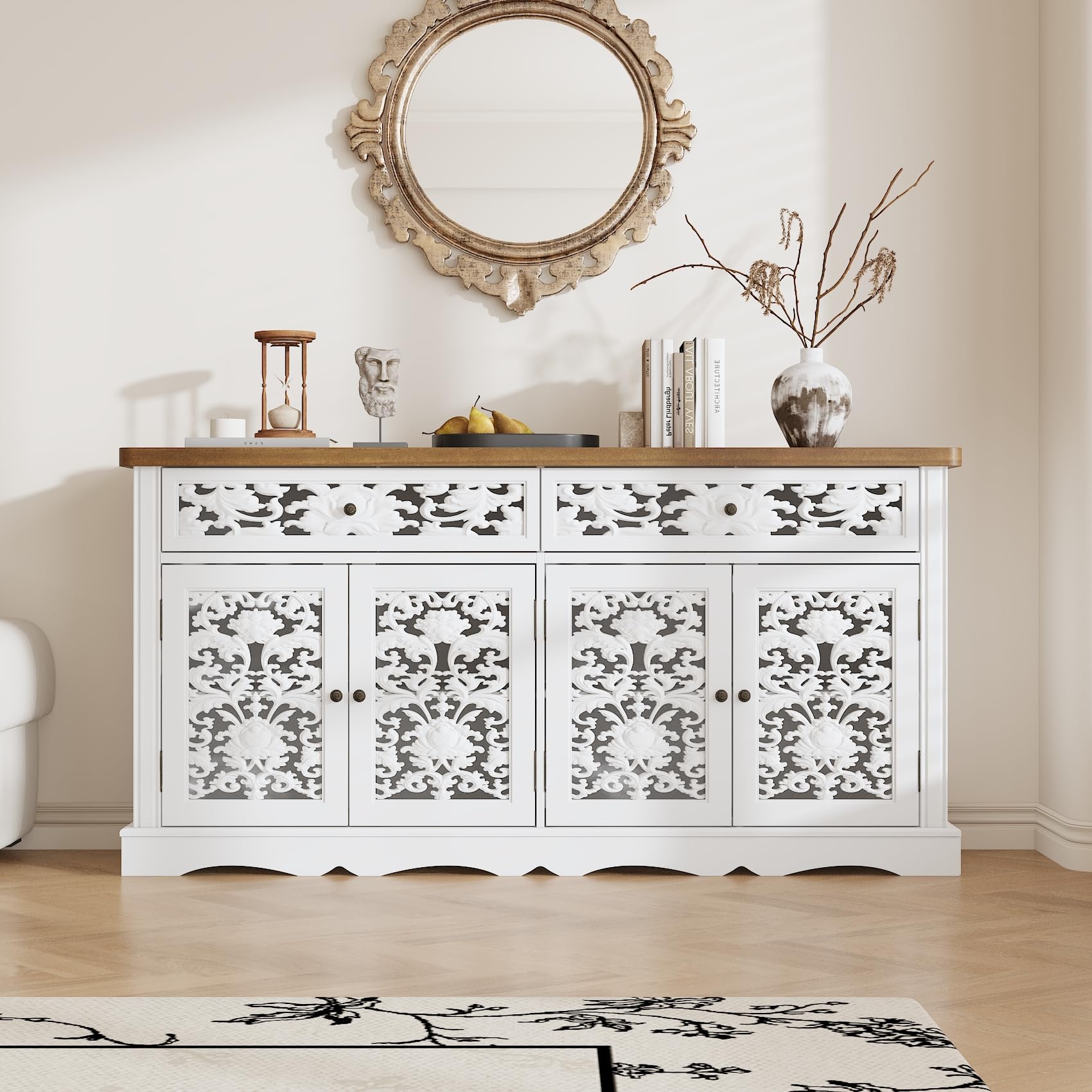 Aparador con encanto vintage – Aparador con tablero de madera, 2 cajones y 4 puertas, color blanco con adornos divertidos, madera maciza, espacio de almacenamiento para salón, pasillo y