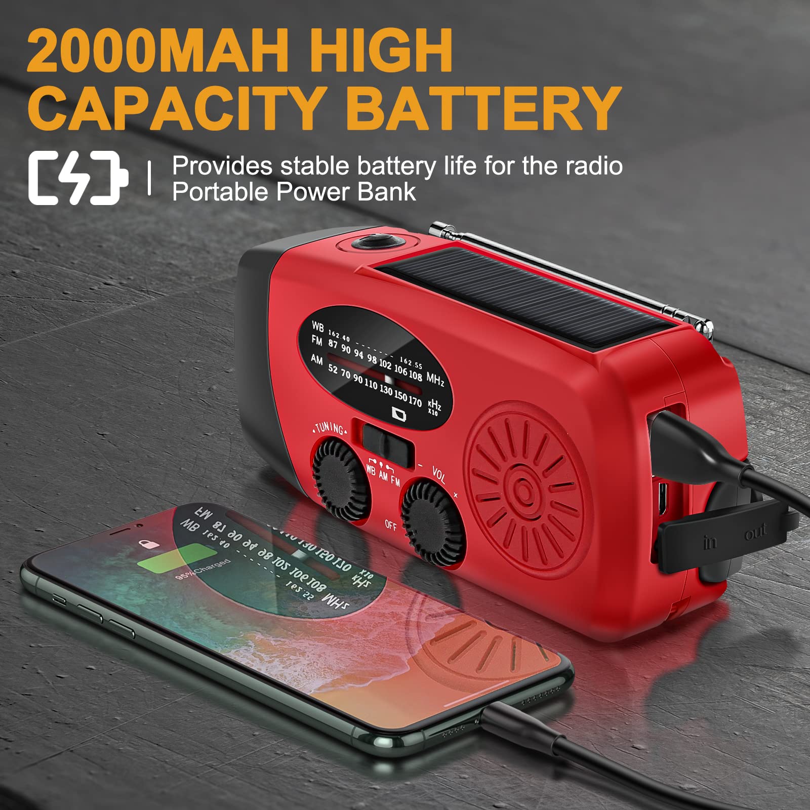 Przenośne radio solarne Radio awaryjne pogodowe 2000 mAh Korba radia z radiem AM/FM/NOAA Dynamo IPX3 Ładowanie telefonu z latarką LED Alarm SOS Kabel USB do turystyki pieszej kemping