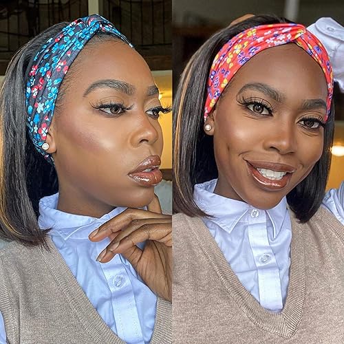 Miniatura 6 de xccoco Pelucas con diadema para mujeres negras, peluca corta de cabello lacio Yaki marrón con diadema para poner y llevar, peluca sintética de