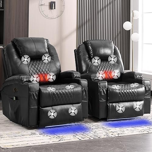 AHMED Power Swivel Rocker Recliner Chair for Adults, Power Glider Rocking Chairs with Massage & Heat, 270° Swivel Rocking Chair with Cup Holders/USB & Type-C Ports/LED Lights for Living Room, Black