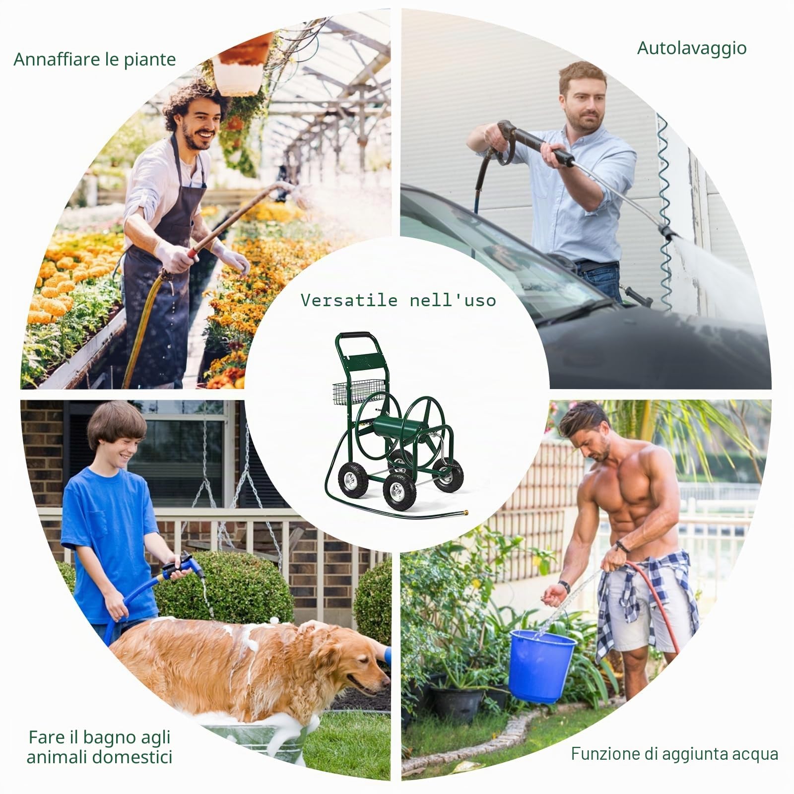 SOARS Carrello Avvolgitubo da Giardino per Tubi da 5/8", Fino 80 Metri | Avvolgitubo in Metallo con Cestino e 4 Ruote Pneumatiche, 95 x 62 x 113 cm, Verde