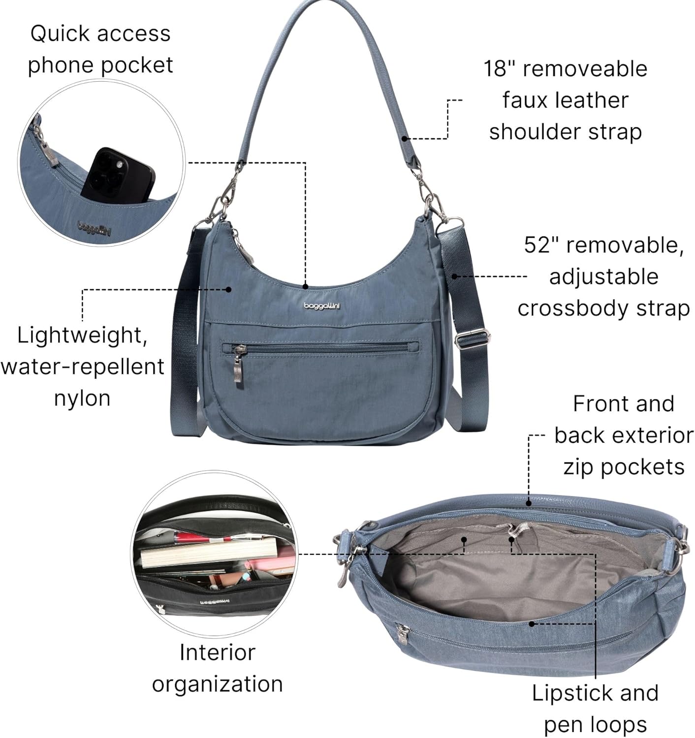 Baggallini Modern Pocket Half Moon 11"x10.5" Shoulder Women W/Replaceable Straps Converts to Crossbody Bag - Image 4