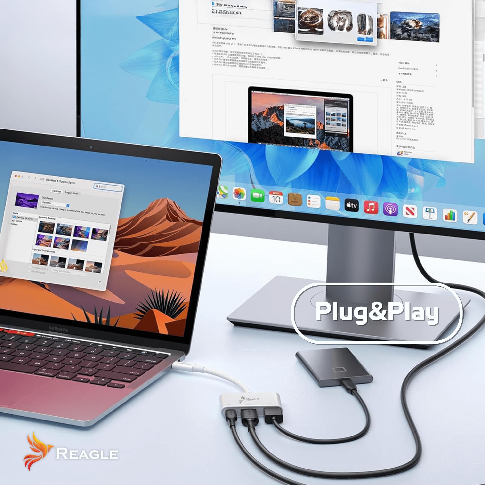 Reagle Adapter USB-C HDMI 4K60Hz z USB-A i PD 100W, Wyjście Wideo Ultra HD 4K do TV Monitor Projektor USB-C do HDMI Kompatybilny z DP Alt Mode MHL dla Laptopów i Smartfonów