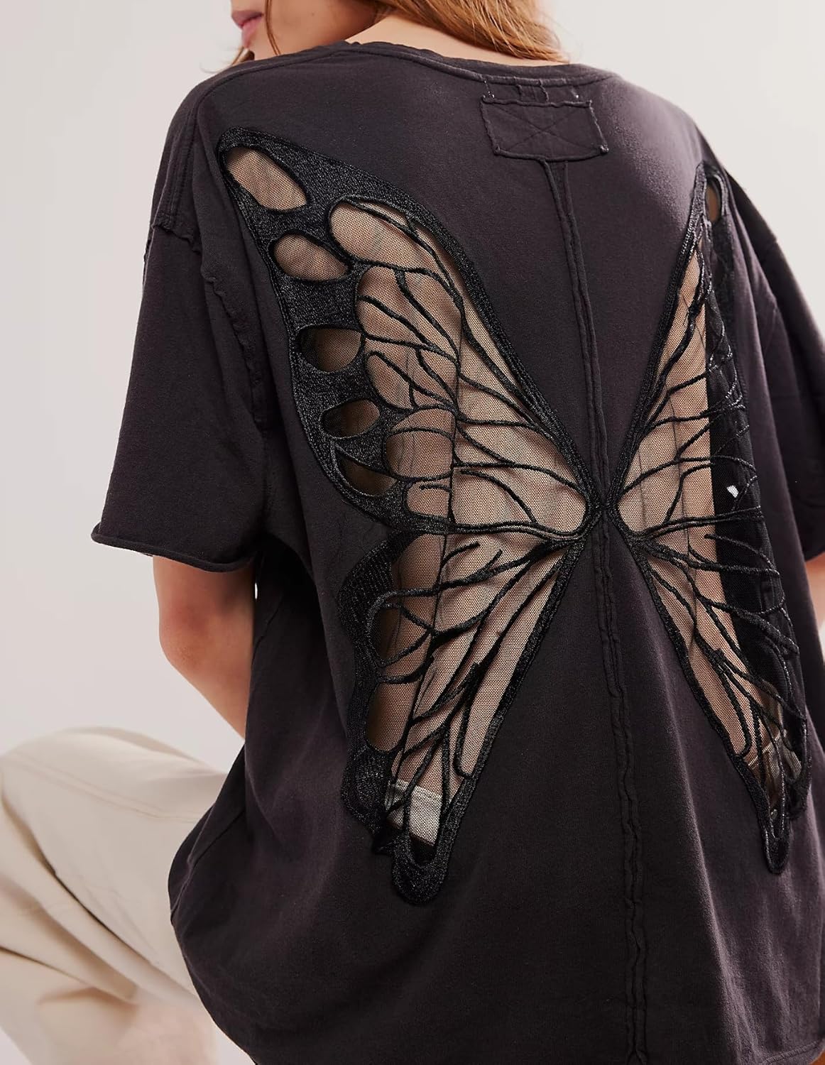 Women Sheer Butterfly T Shirt Short Sleeve Cut Out Back Tee Top Embroidered Oversized Tee Shirts Streetwear - Image 4