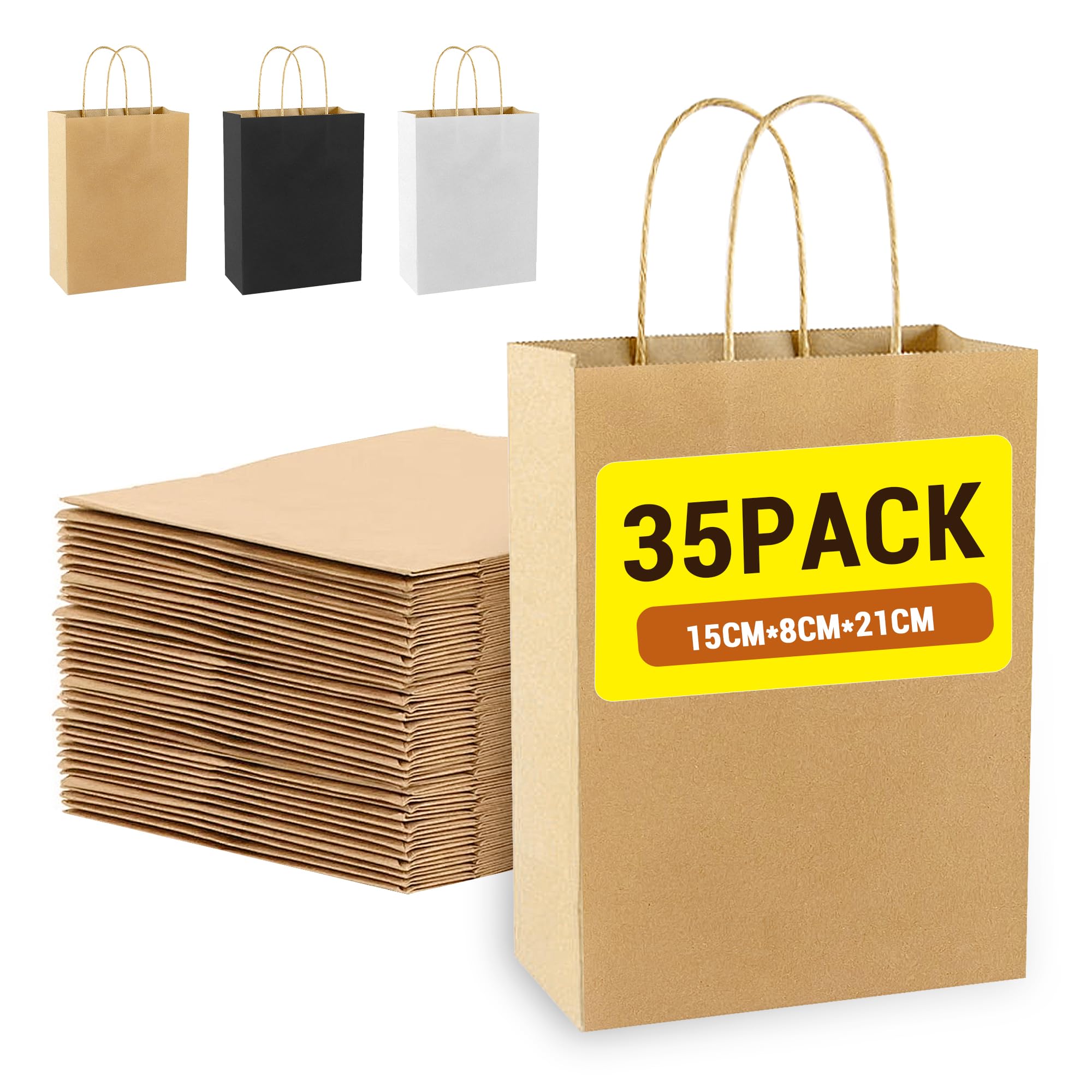 35 Stück Papiertüten mit Henkel, 15 x 21 x 8 cm Geschenktüten Papiertaschen Klein，Kraftpapier Tüten Gift Bag für Geburtstag Hochzeit Adventskalender DIY (Braun)