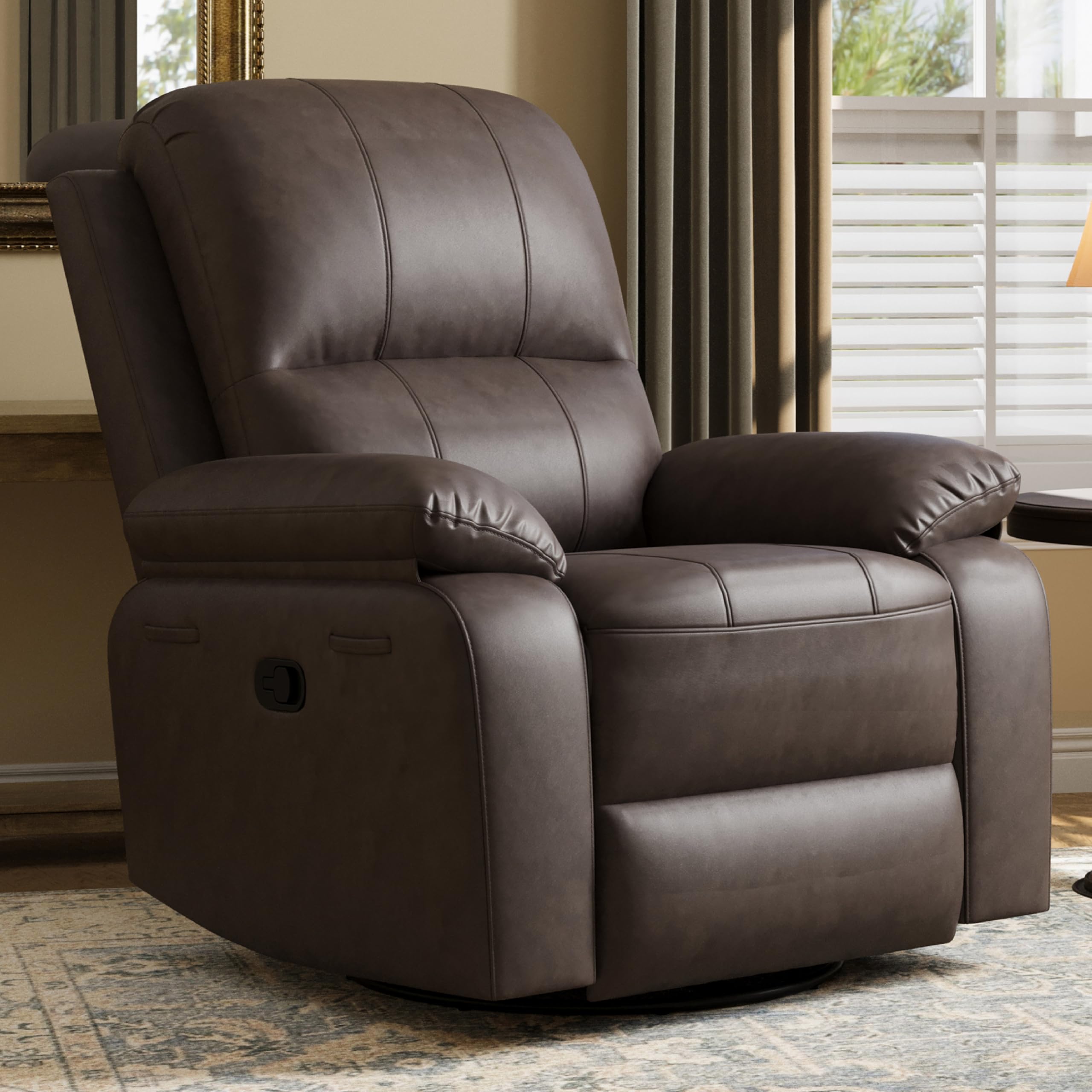 Photo 1 of Attalee Leather Swivel Rocker Recliner Chair, Traditional Manual Chair, Upholstered Nursery Glider Rocking Recliner, Comfy Faux Leather Single Sofa with Pocket Spring for Living Room, Dark Brown