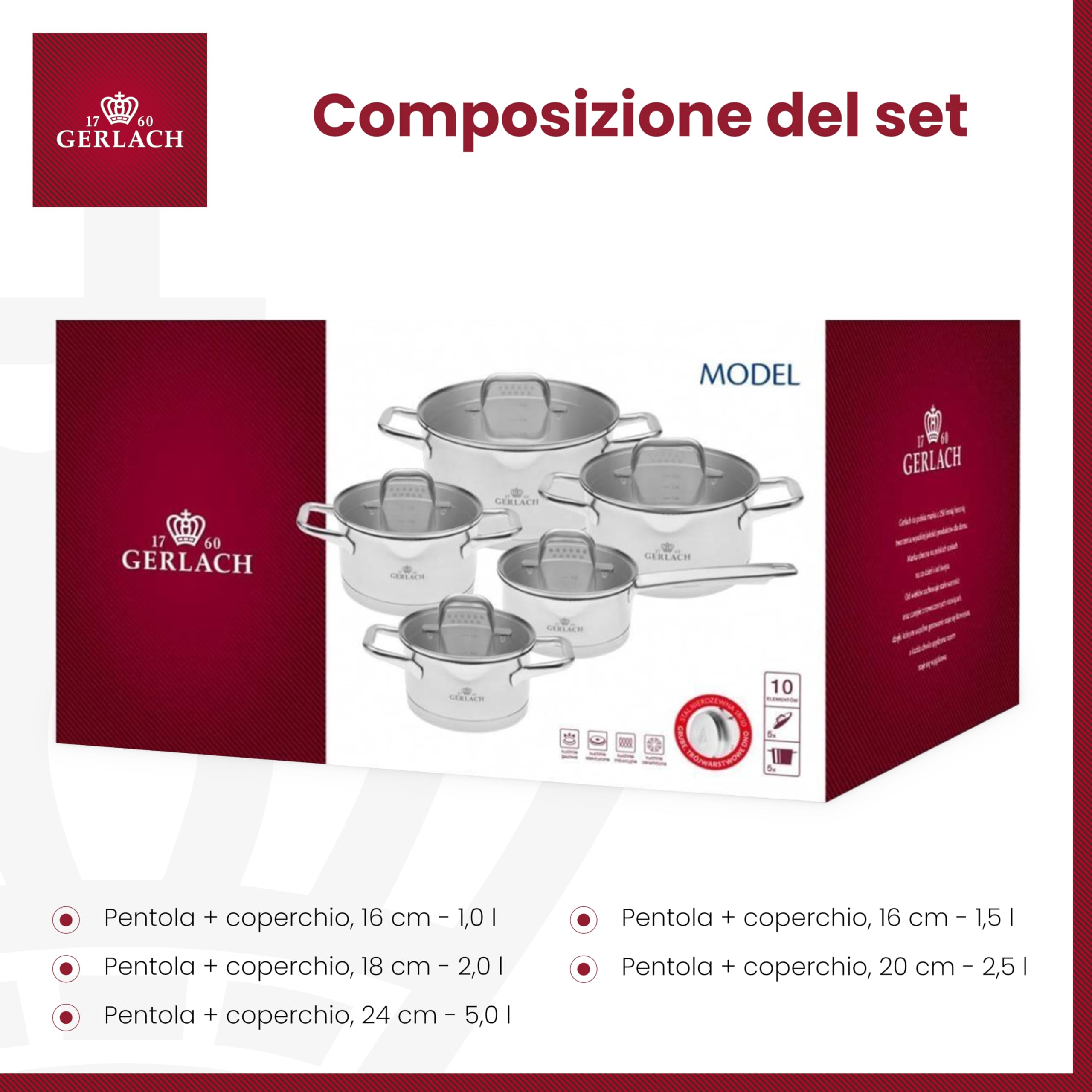 Gerlach Modello, set di pentole in acciaio inox, per induzione, set di pentole a induzione, 5 pezzi