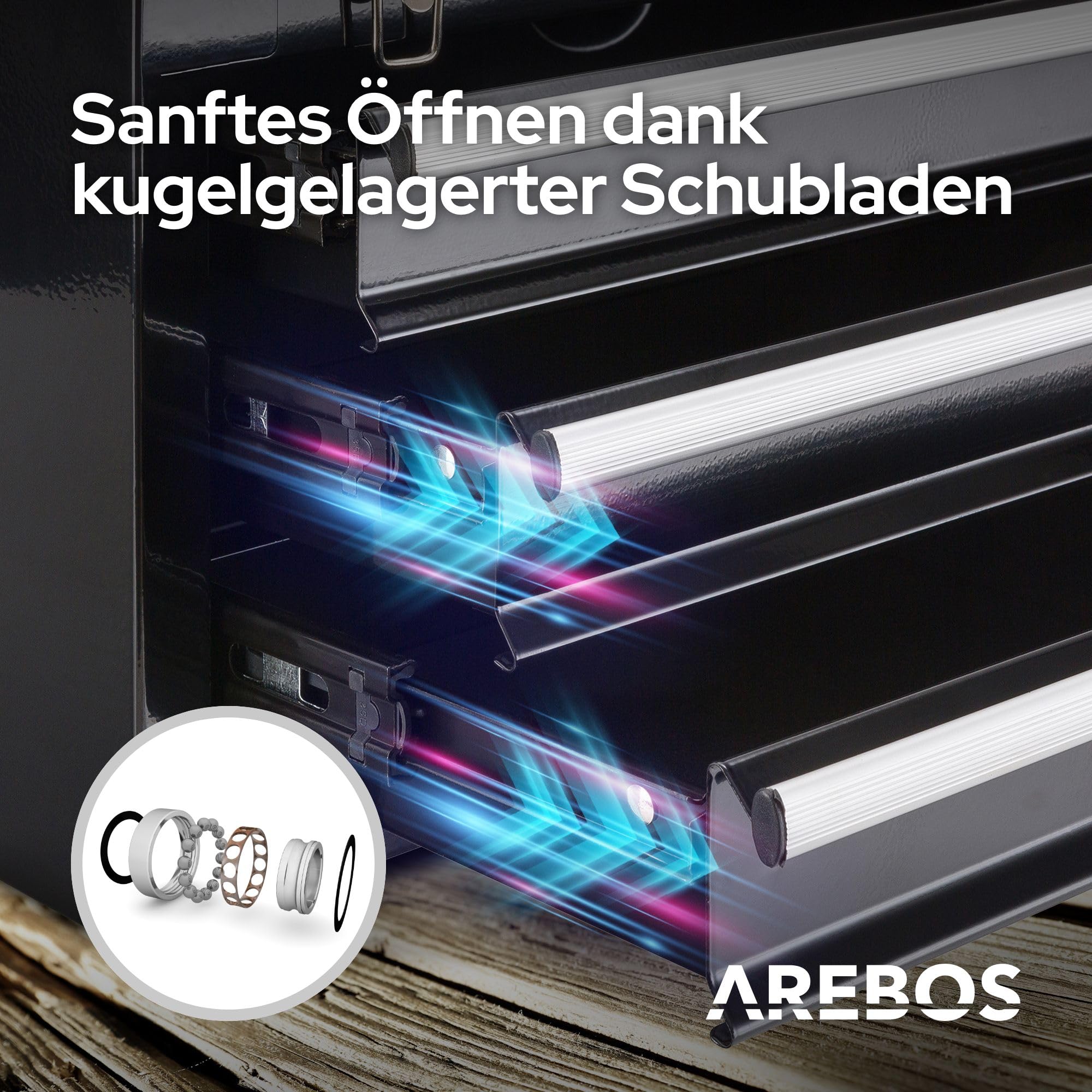 Arebos Werkzeugkoffer mit 3 Schubladen & 2 Ablagefächern 52 x 22 x 30,5 cm | Werkzeugkasten abschließbar | Werkzeugbox inkl. Tragegriff & Schnappverschlüssen | Antirutschmatten | Schwarz